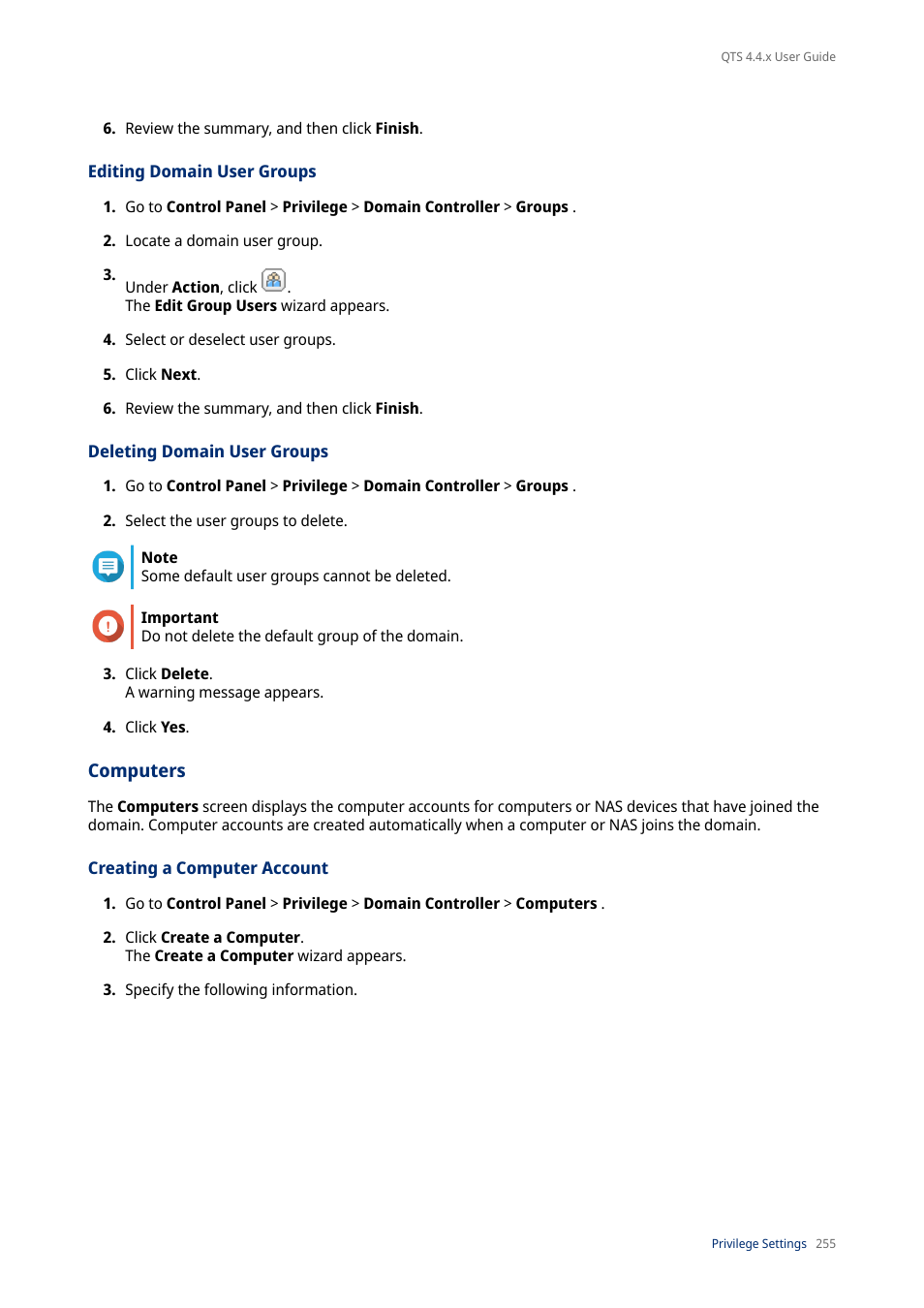 Editing domain user groups, Deleting domain user groups, Computers | Creating a computer account | QNAP TVS-472XT 4-Bay NAS Enclosure User Manual | Page 256 / 468
