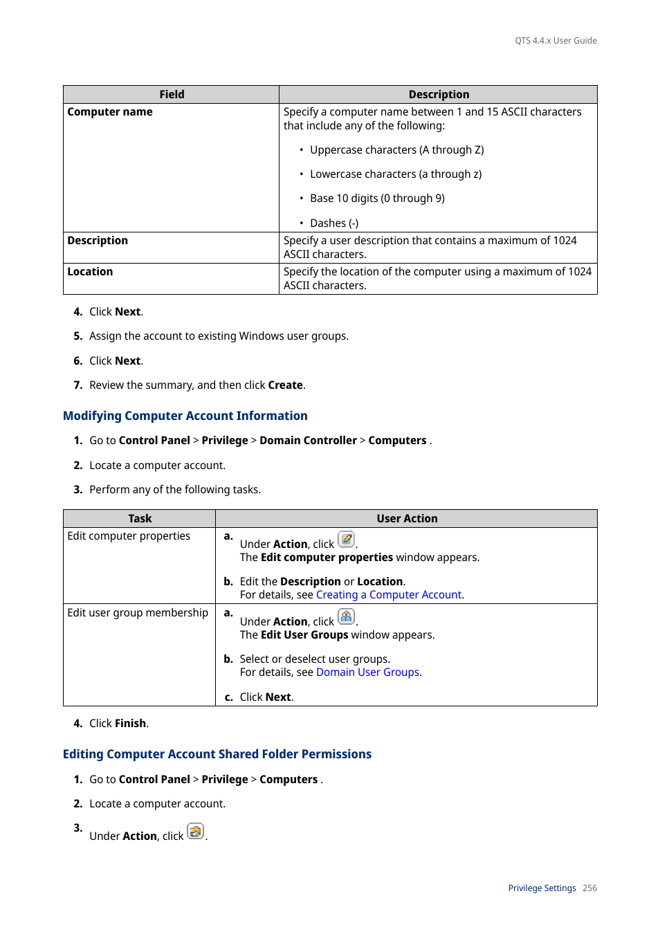 Modifying computer account information, Editing computer account shared folder permissions | QNAP TVS-472XT 4-Bay NAS Enclosure User Manual | Page 257 / 468