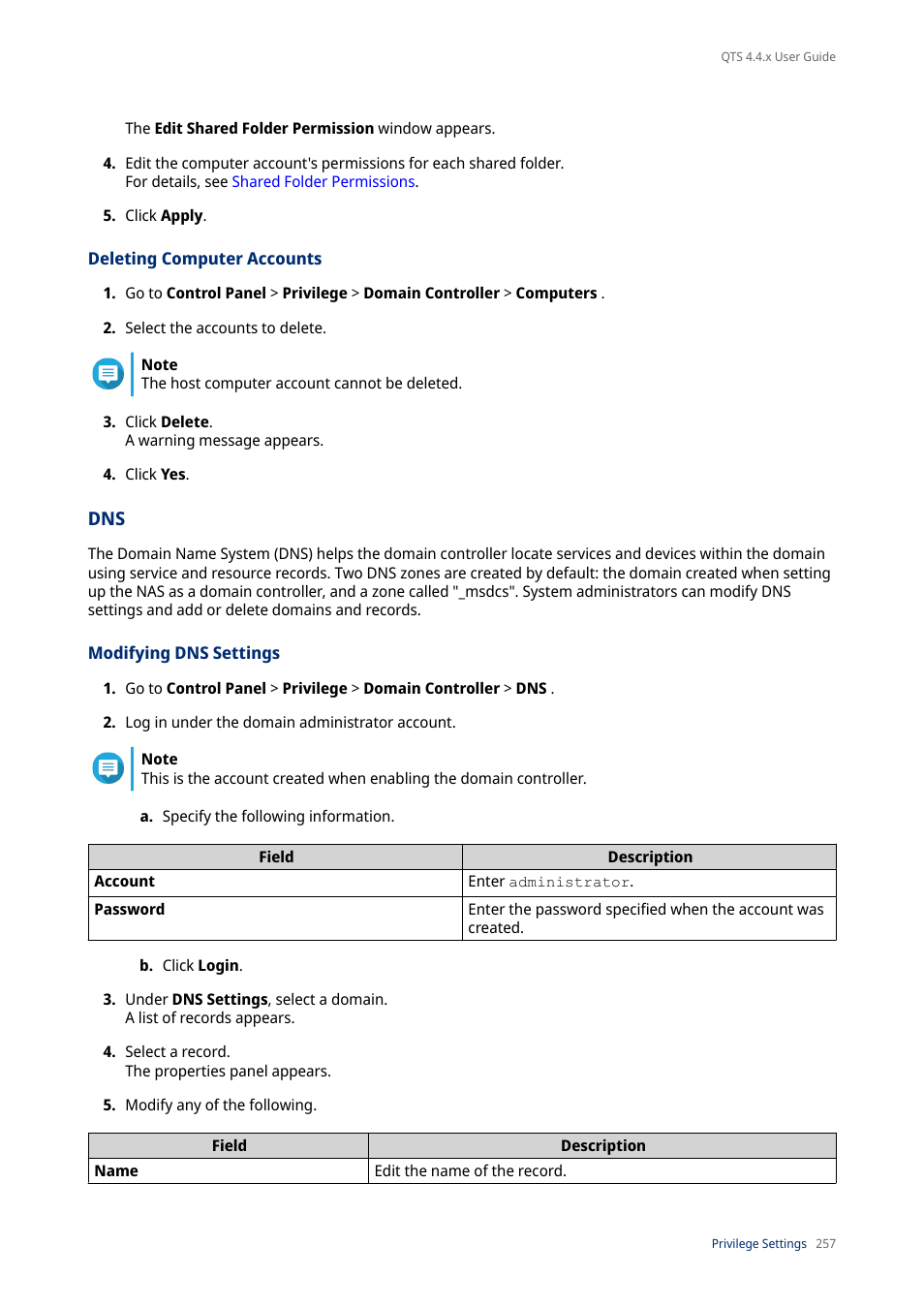 Deleting computer accounts, Modifying dns settings | QNAP TVS-472XT 4-Bay NAS Enclosure User Manual | Page 258 / 468