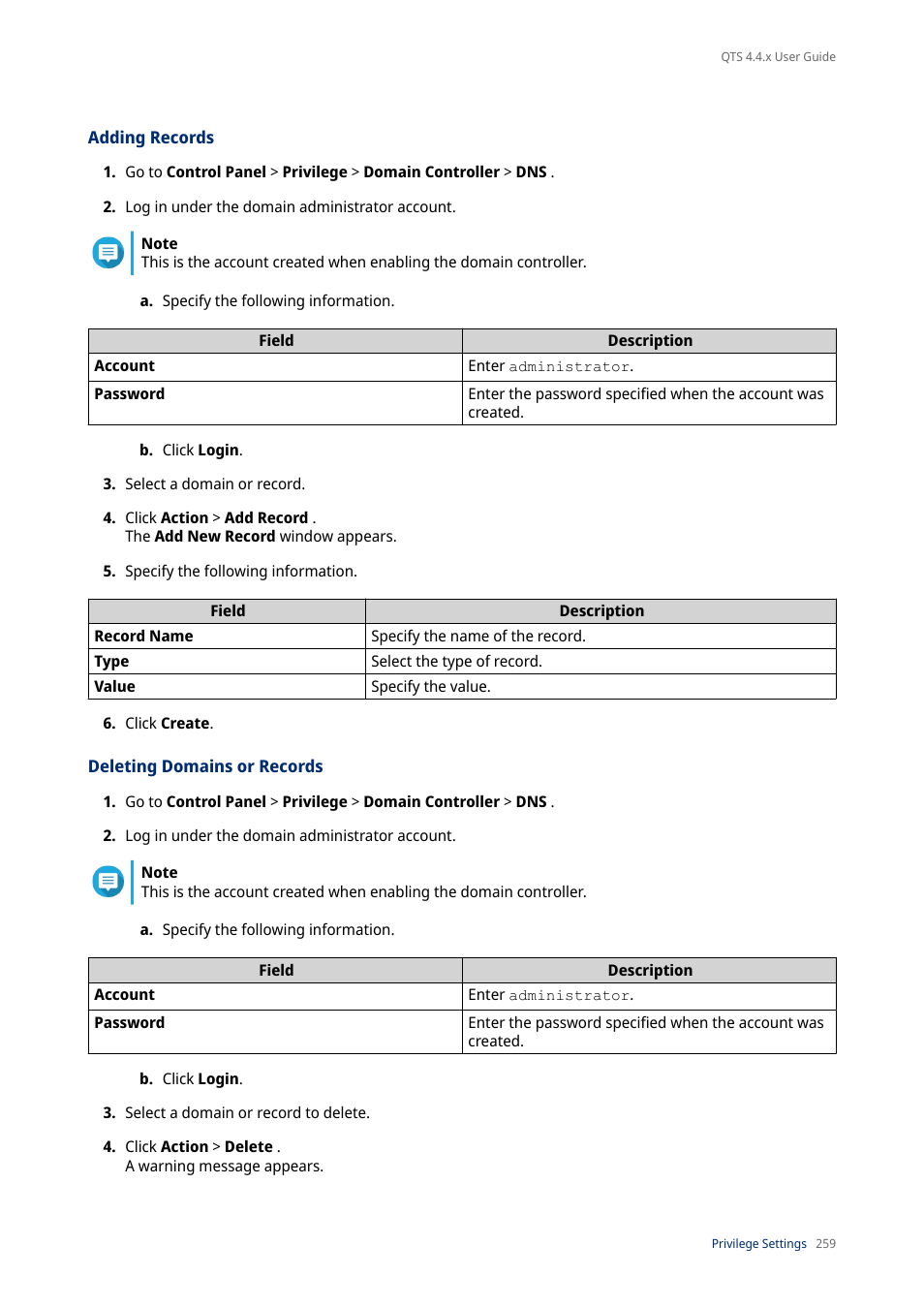 Adding records, Deleting domains or records | QNAP TVS-472XT 4-Bay NAS Enclosure User Manual | Page 260 / 468