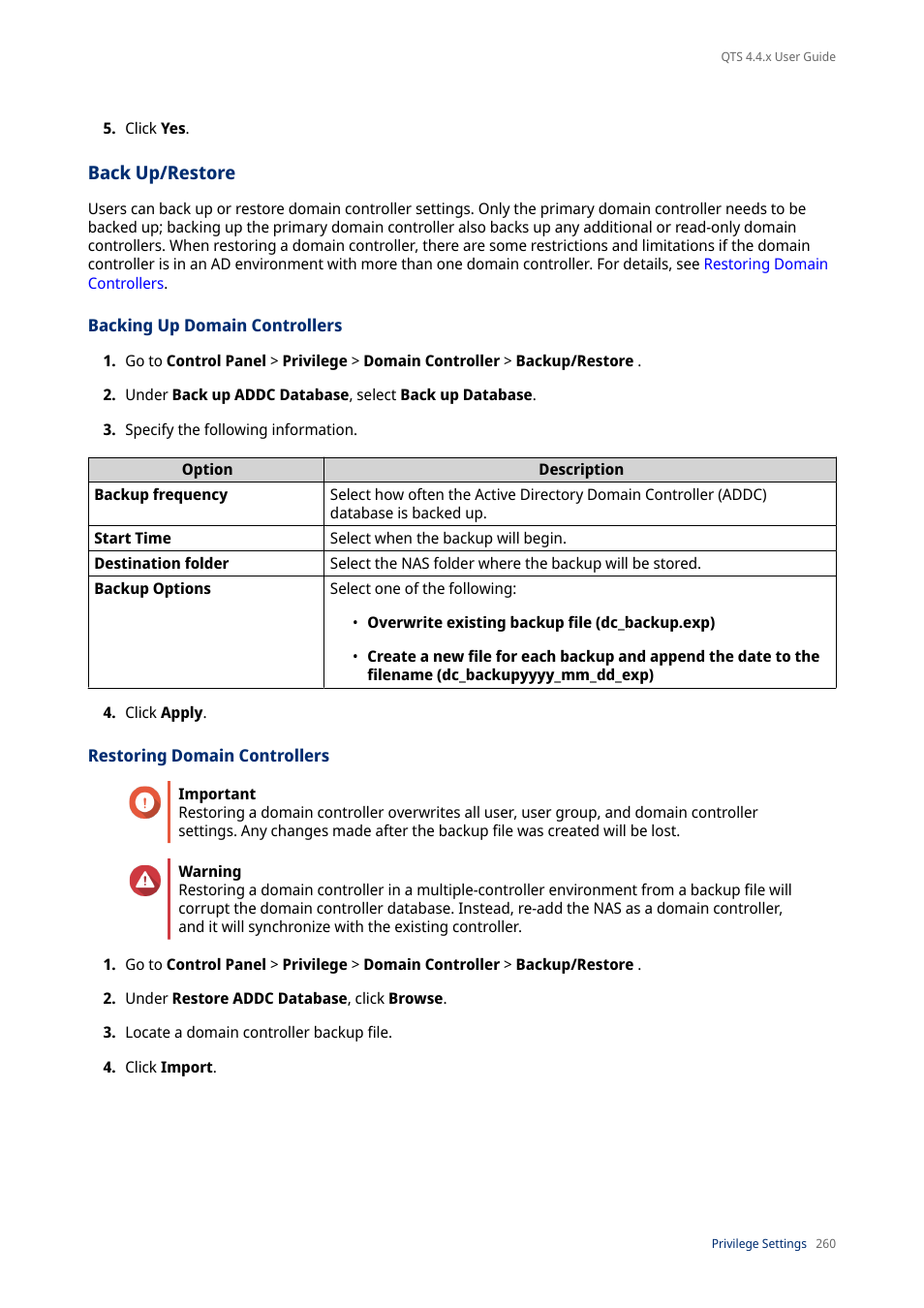 Back up/restore, Backing up domain controllers, Restoring domain controllers | QNAP TVS-472XT 4-Bay NAS Enclosure User Manual | Page 261 / 468