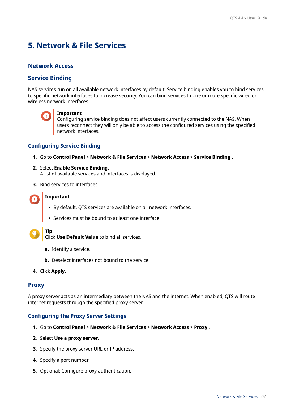 Network & file services, Network access, Service binding | Configuring service binding, Proxy, Configuring the proxy server settings | QNAP TVS-472XT 4-Bay NAS Enclosure User Manual | Page 262 / 468