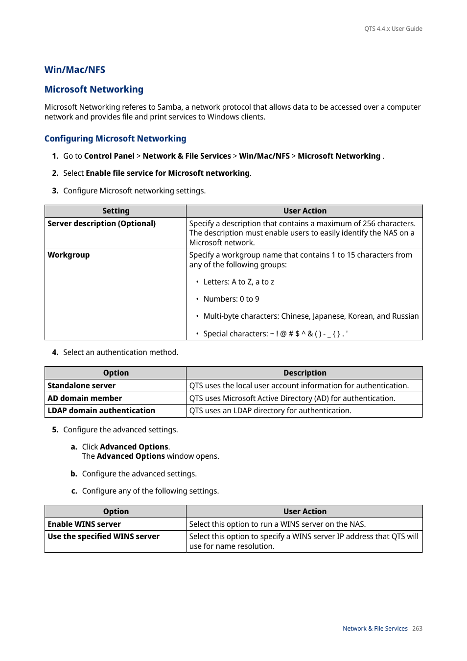 Win/mac/nfs, Microsoft networking, Configuring microsoft networking | For details, see | QNAP TVS-472XT 4-Bay NAS Enclosure User Manual | Page 264 / 468