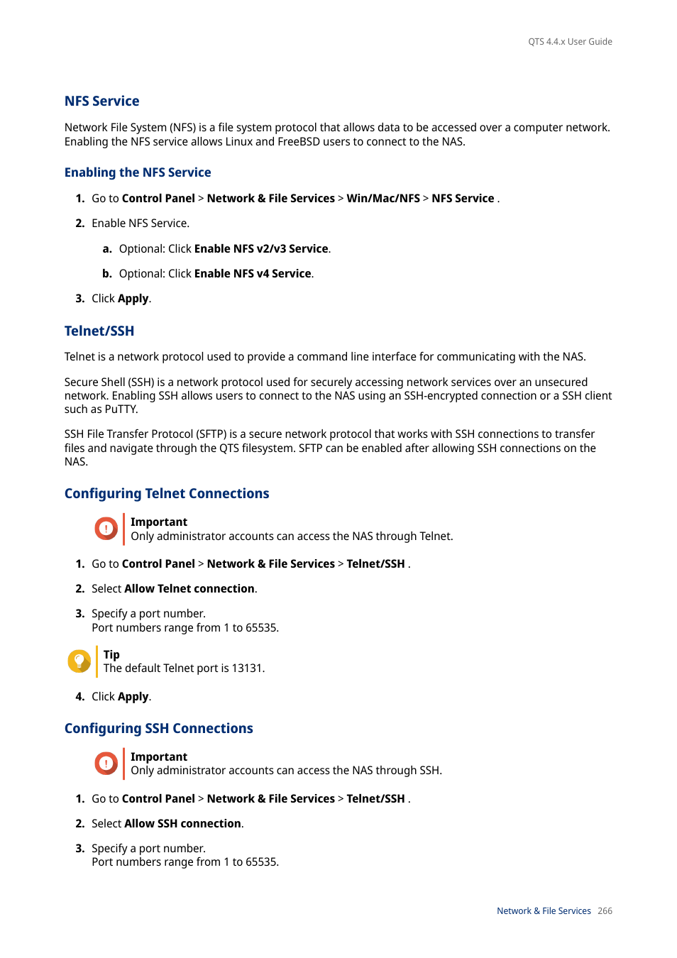 Nfs service, Enabling the nfs service, Telnet/ssh | Configuring telnet connections, Configuring ssh connections | QNAP TVS-472XT 4-Bay NAS Enclosure User Manual | Page 267 / 468