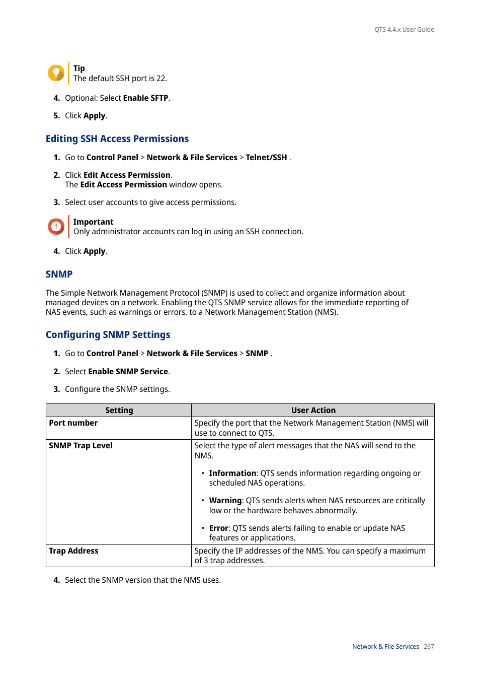 Editing ssh access permissions, Snmp, Configuring snmp settings | QNAP TVS-472XT 4-Bay NAS Enclosure User Manual | Page 268 / 468