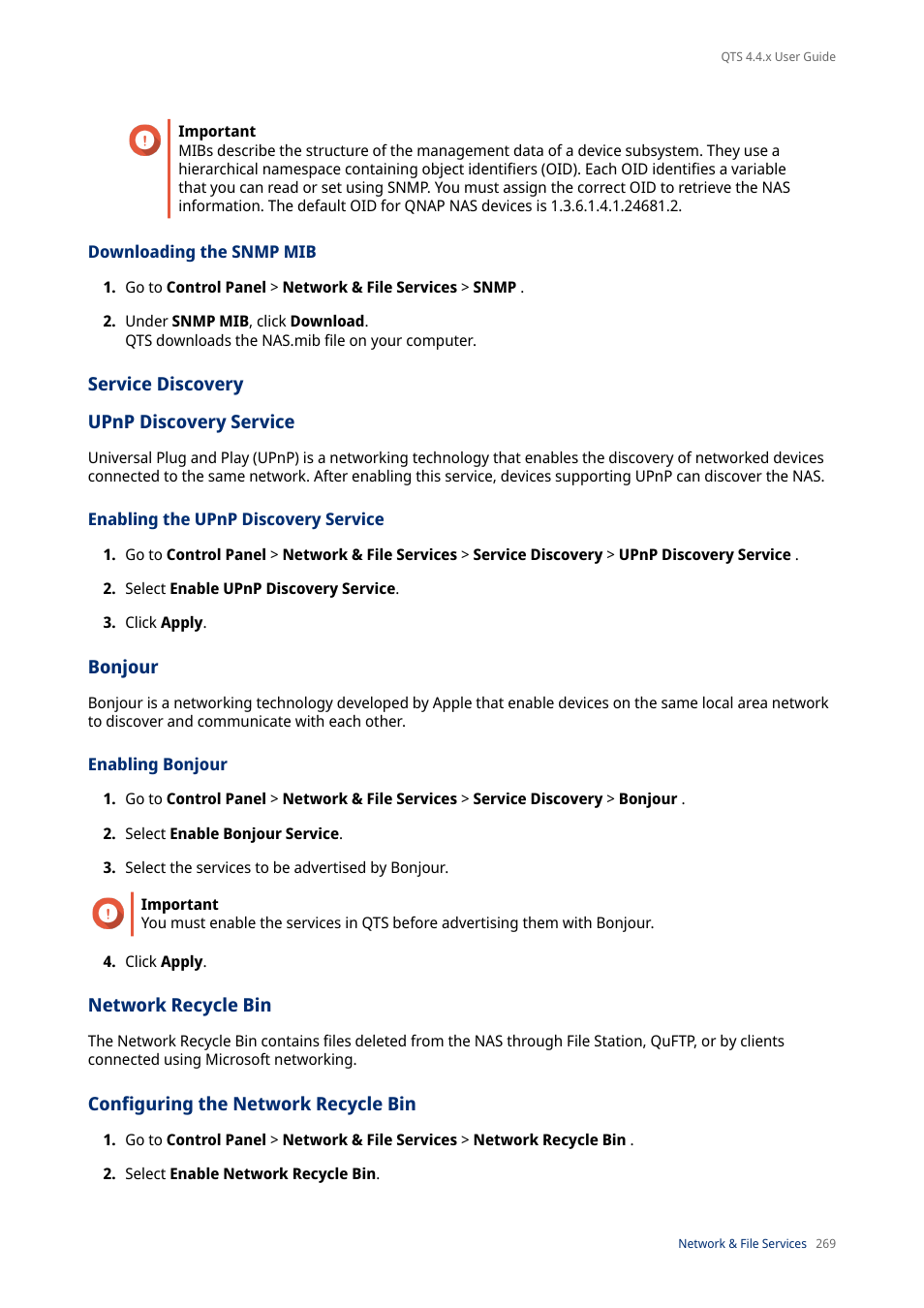 Downloading the snmp mib, Service discovery, Upnp discovery service | Enabling the upnp discovery service, Bonjour, Enabling bonjour, Network recycle bin, Configuring the network recycle bin | QNAP TVS-472XT 4-Bay NAS Enclosure User Manual | Page 270 / 468