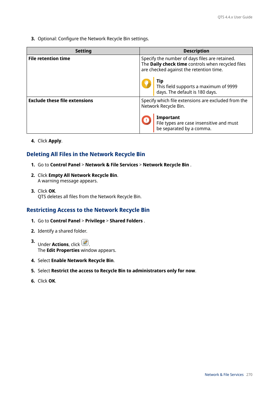 Deleting all files in the network recycle bin, Restricting access to the network recycle bin | QNAP TVS-472XT 4-Bay NAS Enclosure User Manual | Page 271 / 468