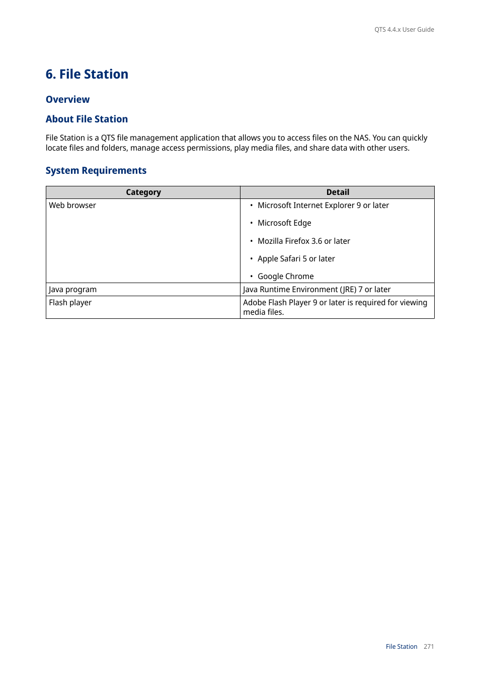 File station, Overview, About file station | System requirements | QNAP TVS-472XT 4-Bay NAS Enclosure User Manual | Page 272 / 468