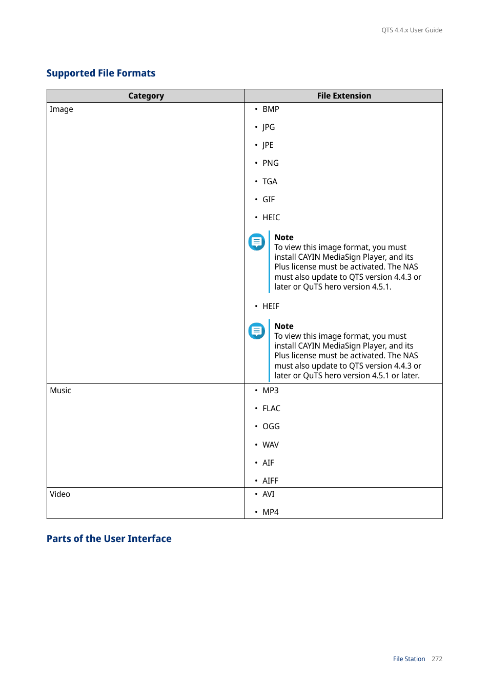 Supported file formats, Parts of the user interface | QNAP TVS-472XT 4-Bay NAS Enclosure User Manual | Page 273 / 468