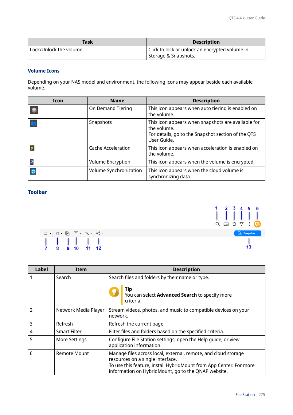 Volume icons, Toolbar | QNAP TVS-472XT 4-Bay NAS Enclosure User Manual | Page 276 / 468