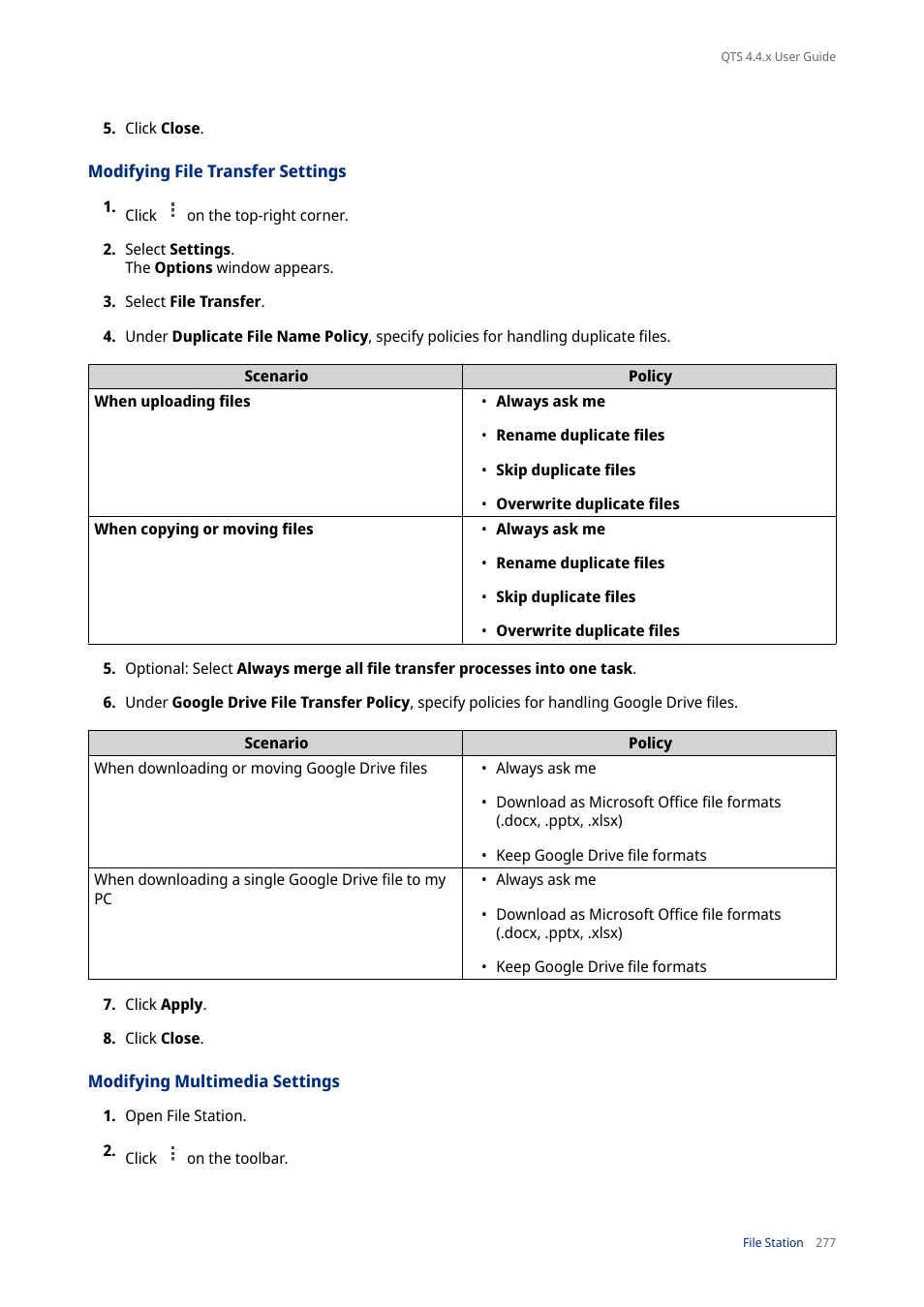Modifying file transfer settings, Modifying multimedia settings | QNAP TVS-472XT 4-Bay NAS Enclosure User Manual | Page 278 / 468