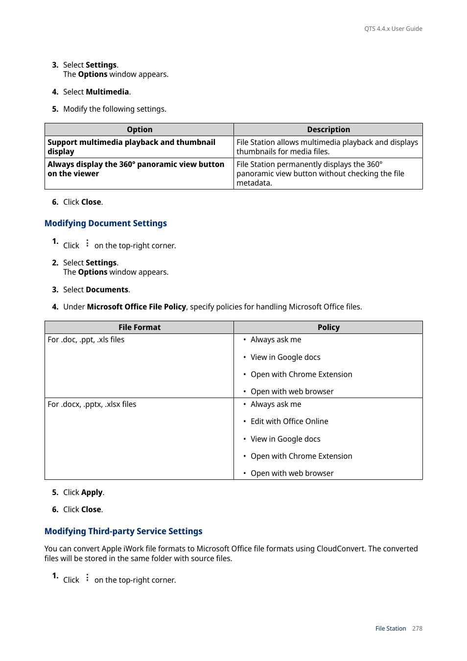 Modifying document settings, Modifying third-party service settings | QNAP TVS-472XT 4-Bay NAS Enclosure User Manual | Page 279 / 468