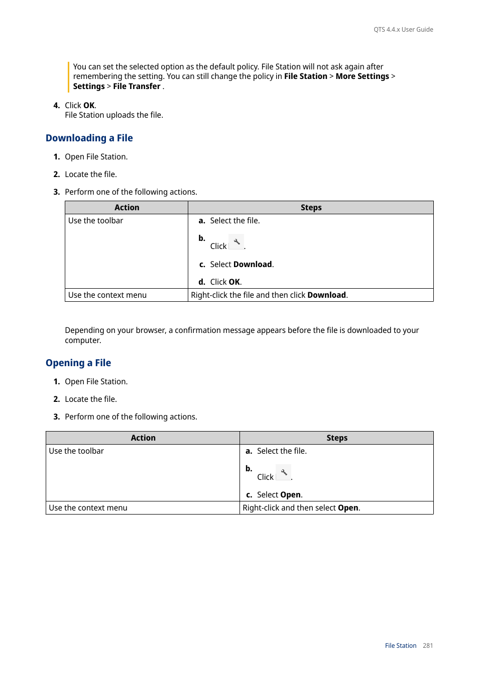 Downloading a file, Opening a file | QNAP TVS-472XT 4-Bay NAS Enclosure User Manual | Page 282 / 468