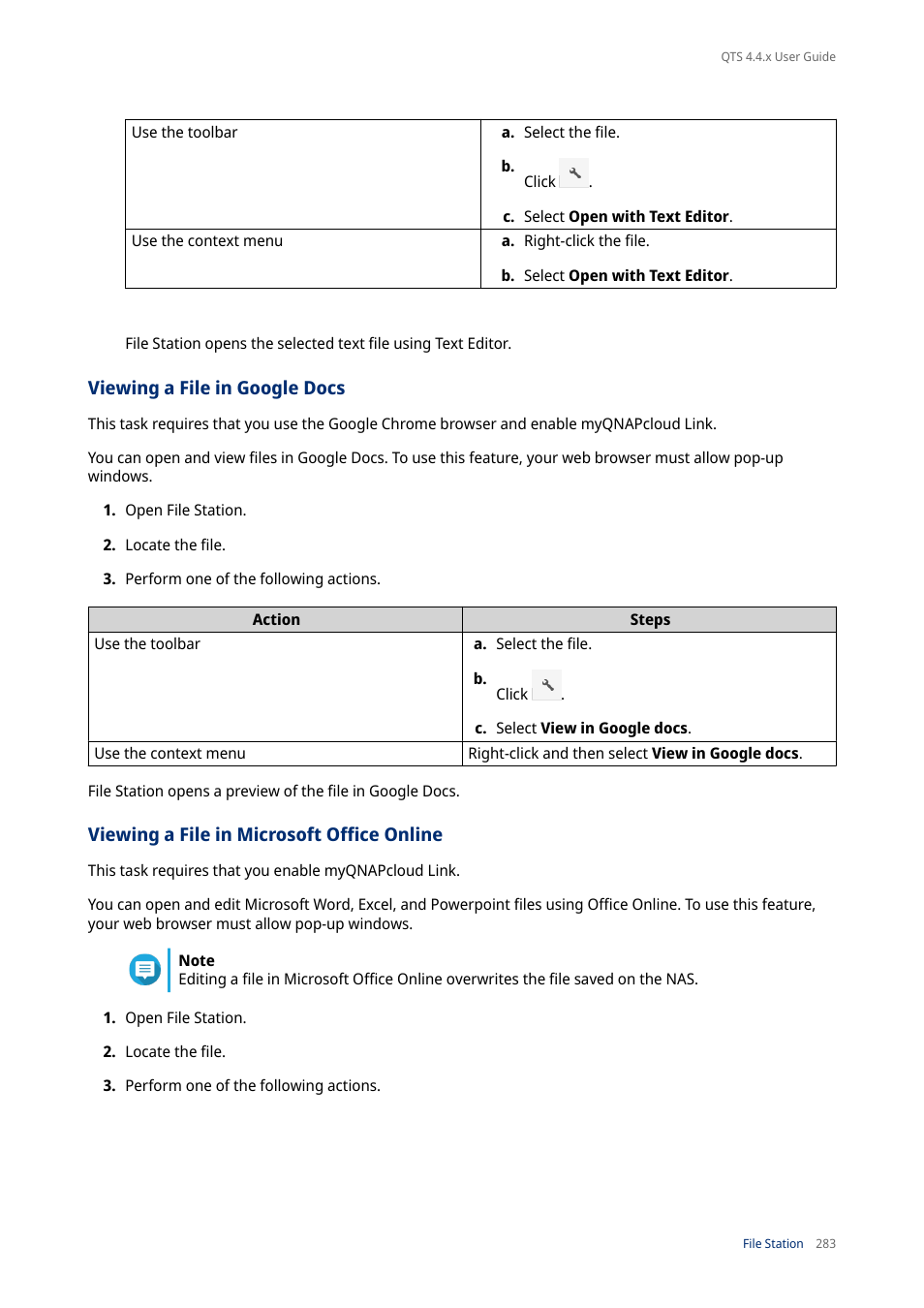 Viewing a file in google docs, Viewing a file in microsoft office online | QNAP TVS-472XT 4-Bay NAS Enclosure User Manual | Page 284 / 468