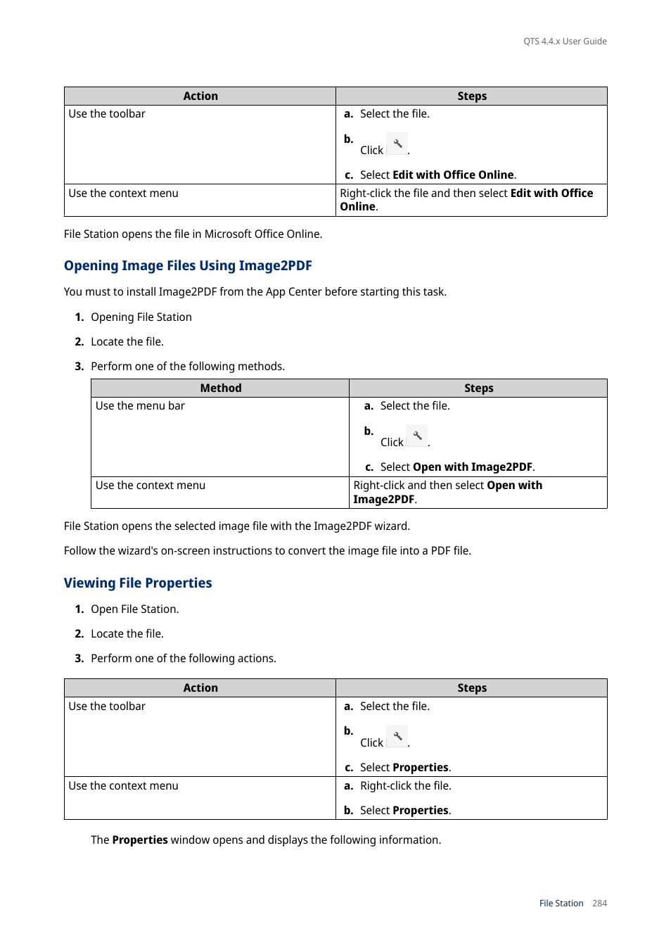 Opening image files using image2pdf, Viewing file properties | QNAP TVS-472XT 4-Bay NAS Enclosure User Manual | Page 285 / 468