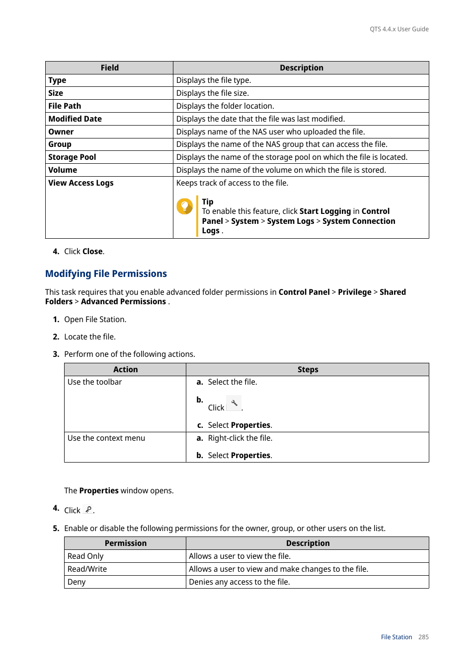 Modifying file permissions | QNAP TVS-472XT 4-Bay NAS Enclosure User Manual | Page 286 / 468