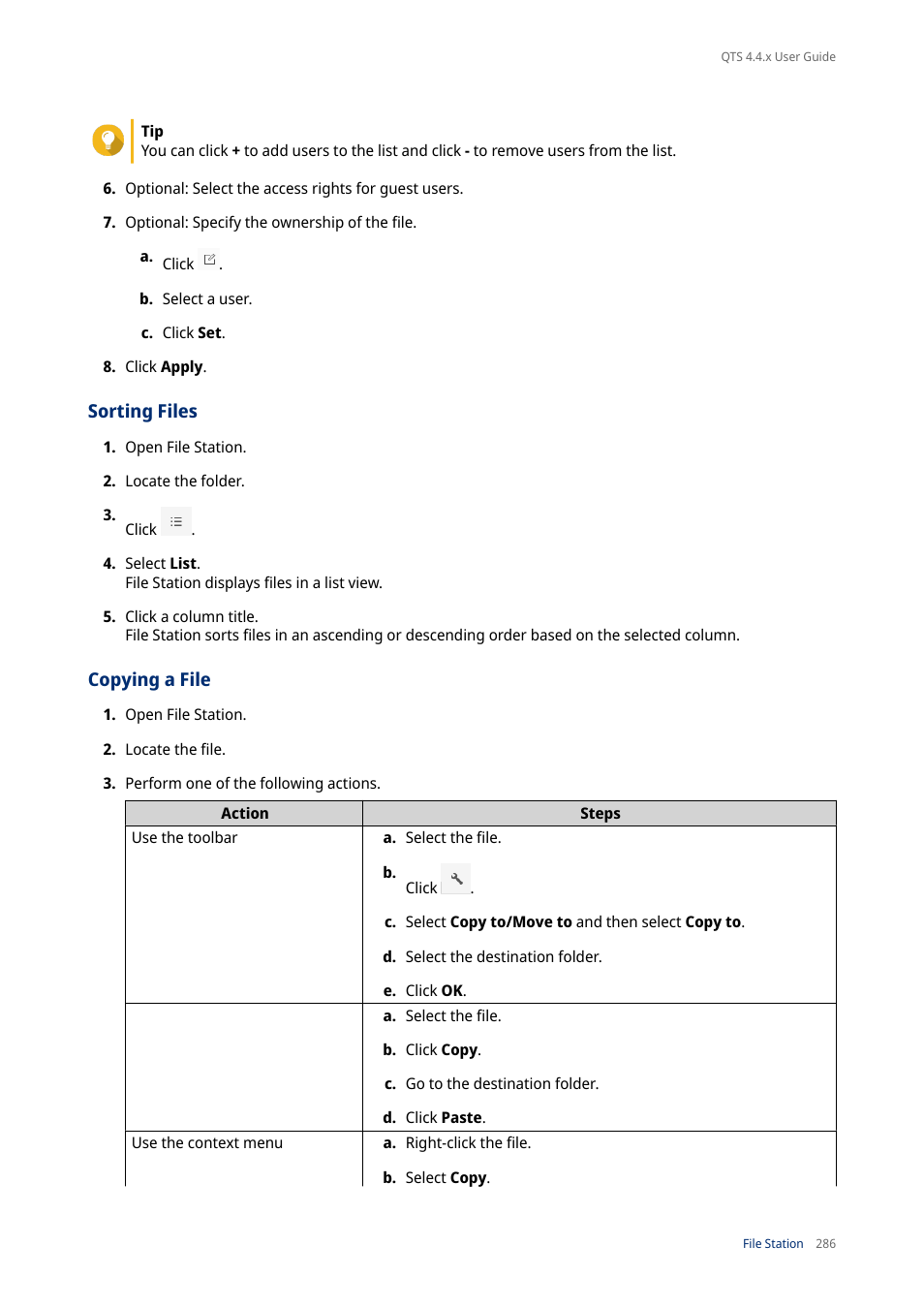 Sorting files, Copying a file | QNAP TVS-472XT 4-Bay NAS Enclosure User Manual | Page 287 / 468