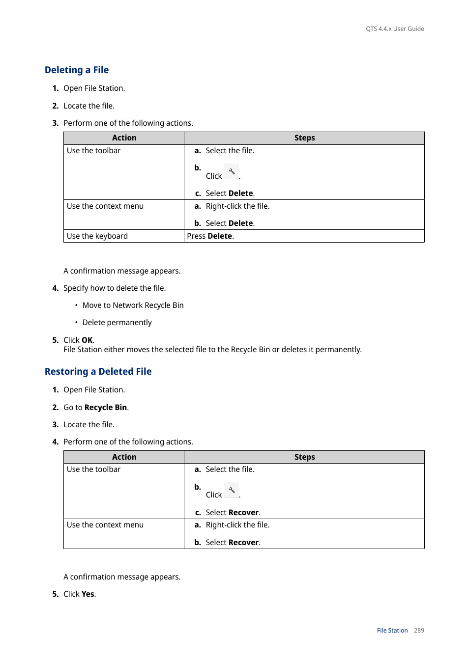 Deleting a file, Restoring a deleted file | QNAP TVS-472XT 4-Bay NAS Enclosure User Manual | Page 290 / 468
