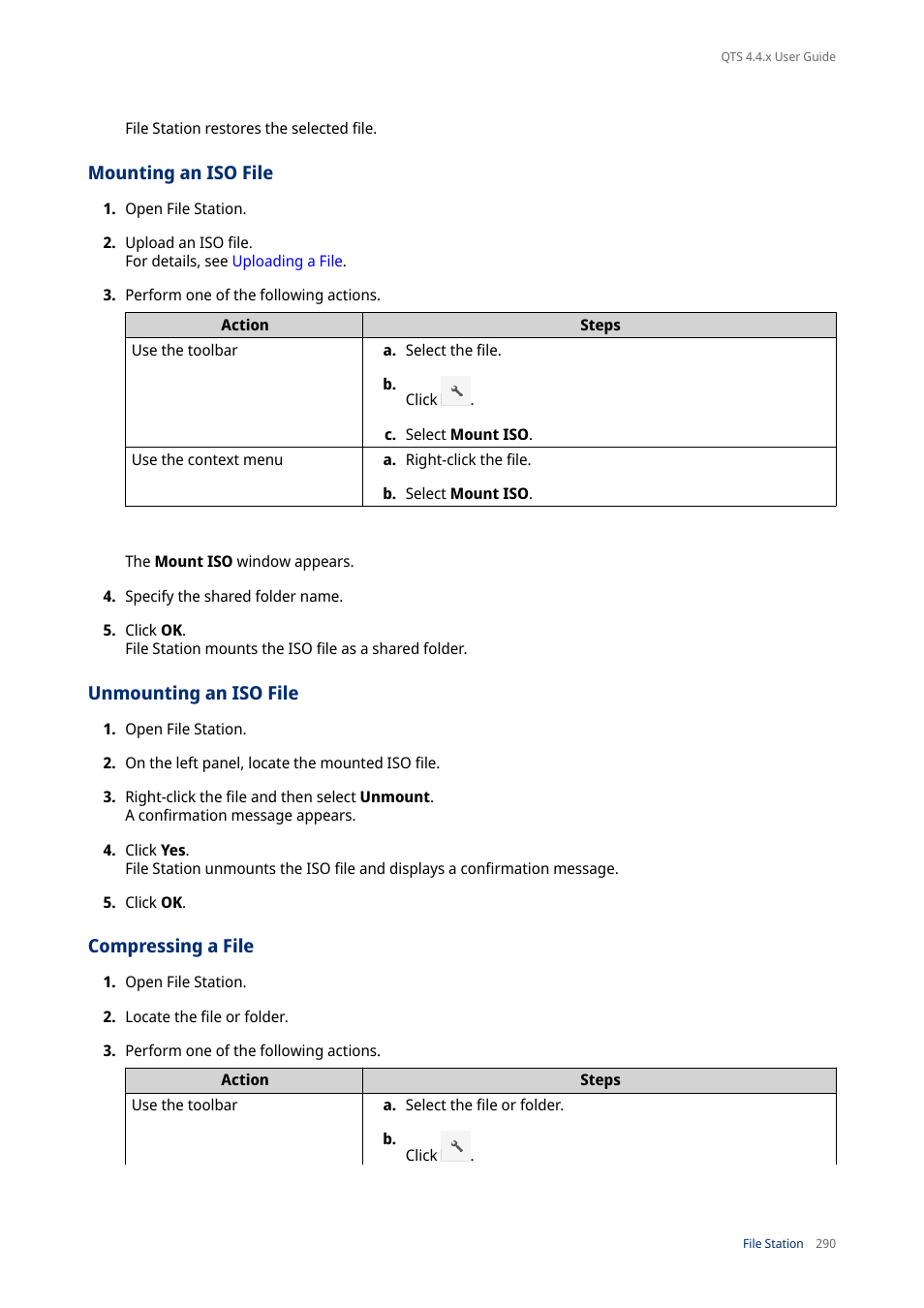 Mounting an iso file, Unmounting an iso file, Compressing a file | QNAP TVS-472XT 4-Bay NAS Enclosure User Manual | Page 291 / 468