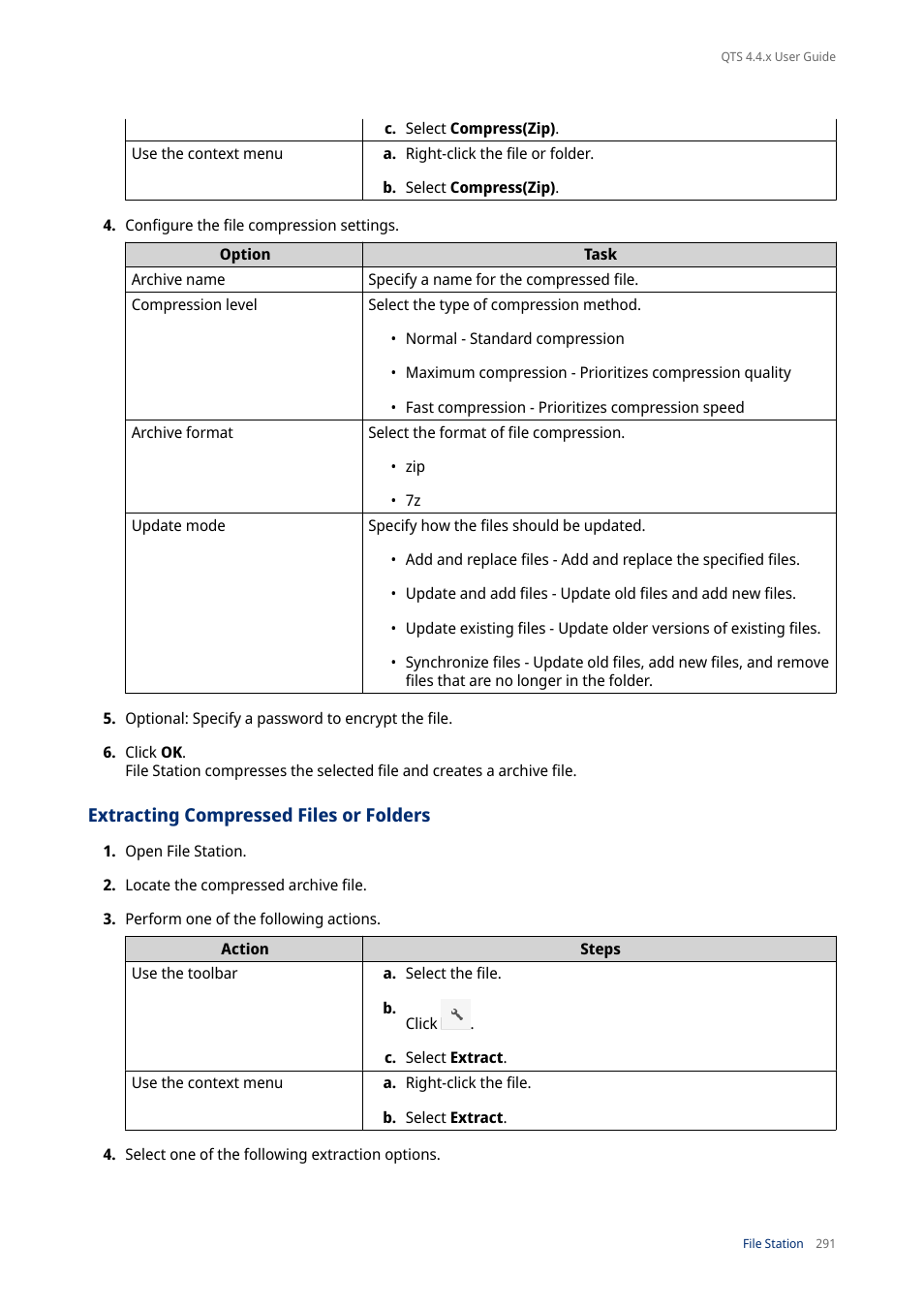 Extracting compressed files or folders | QNAP TVS-472XT 4-Bay NAS Enclosure User Manual | Page 292 / 468