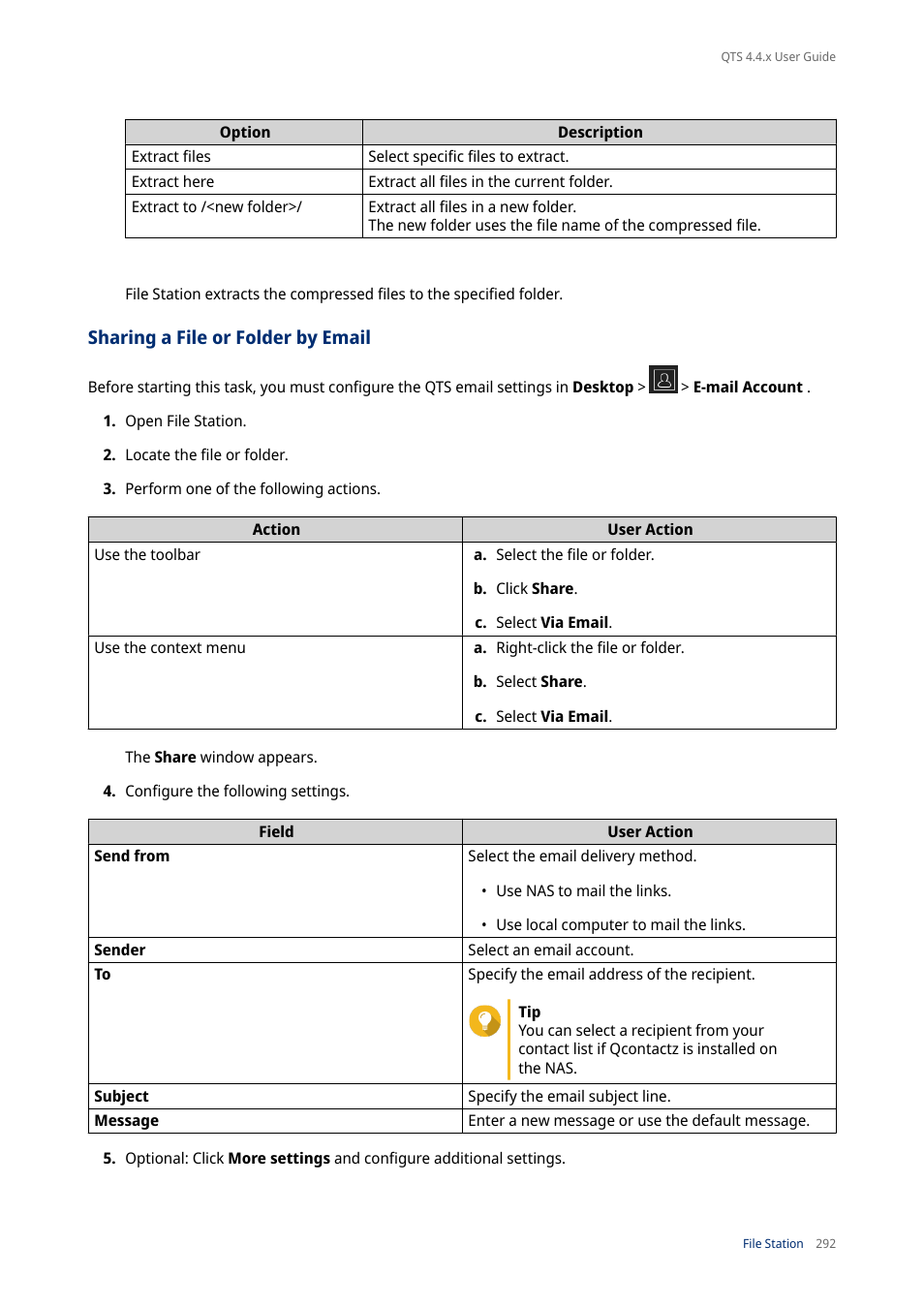 Sharing a file or folder by email | QNAP TVS-472XT 4-Bay NAS Enclosure User Manual | Page 293 / 468