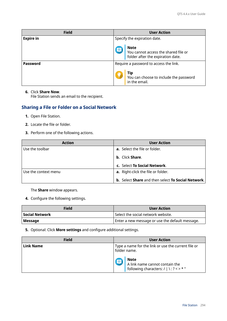 Sharing a file or folder on a social network | QNAP TVS-472XT 4-Bay NAS Enclosure User Manual | Page 295 / 468