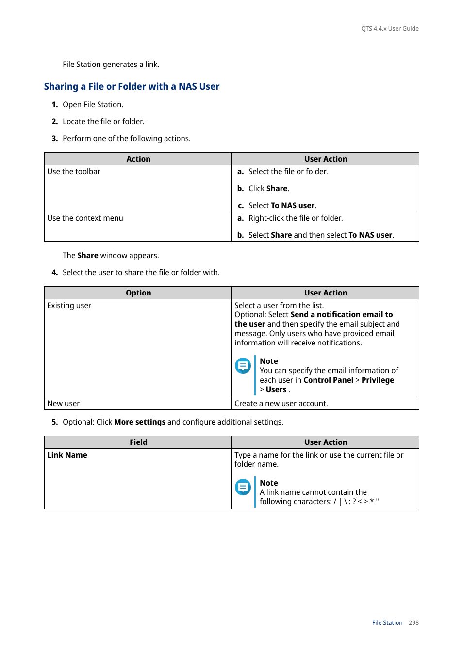 Sharing a file or folder with a nas user | QNAP TVS-472XT 4-Bay NAS Enclosure User Manual | Page 299 / 468