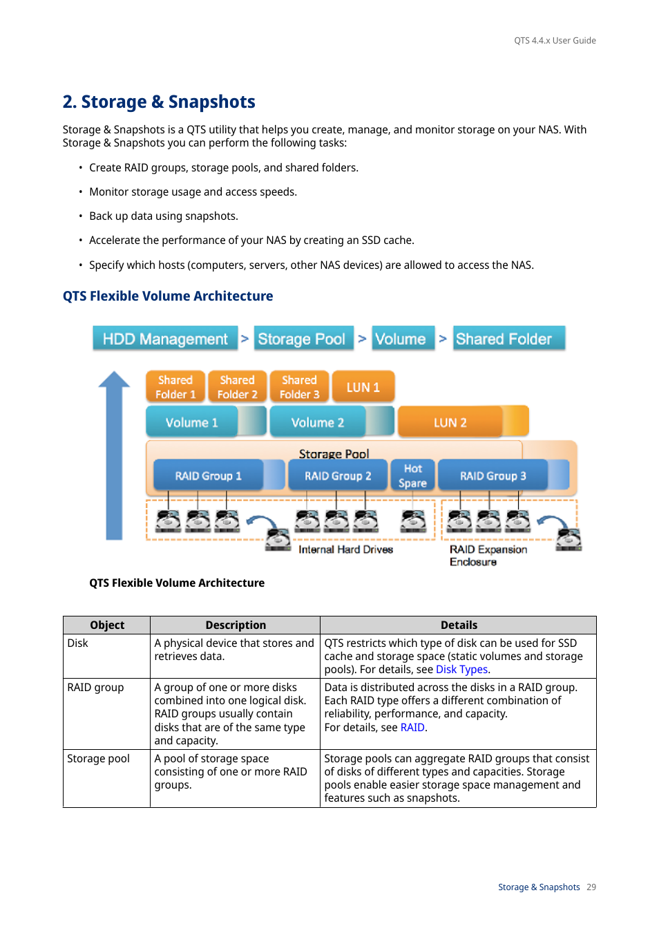 Storage & snapshots, Qts flexible volume architecture | QNAP TVS-472XT 4-Bay NAS Enclosure User Manual | Page 30 / 468