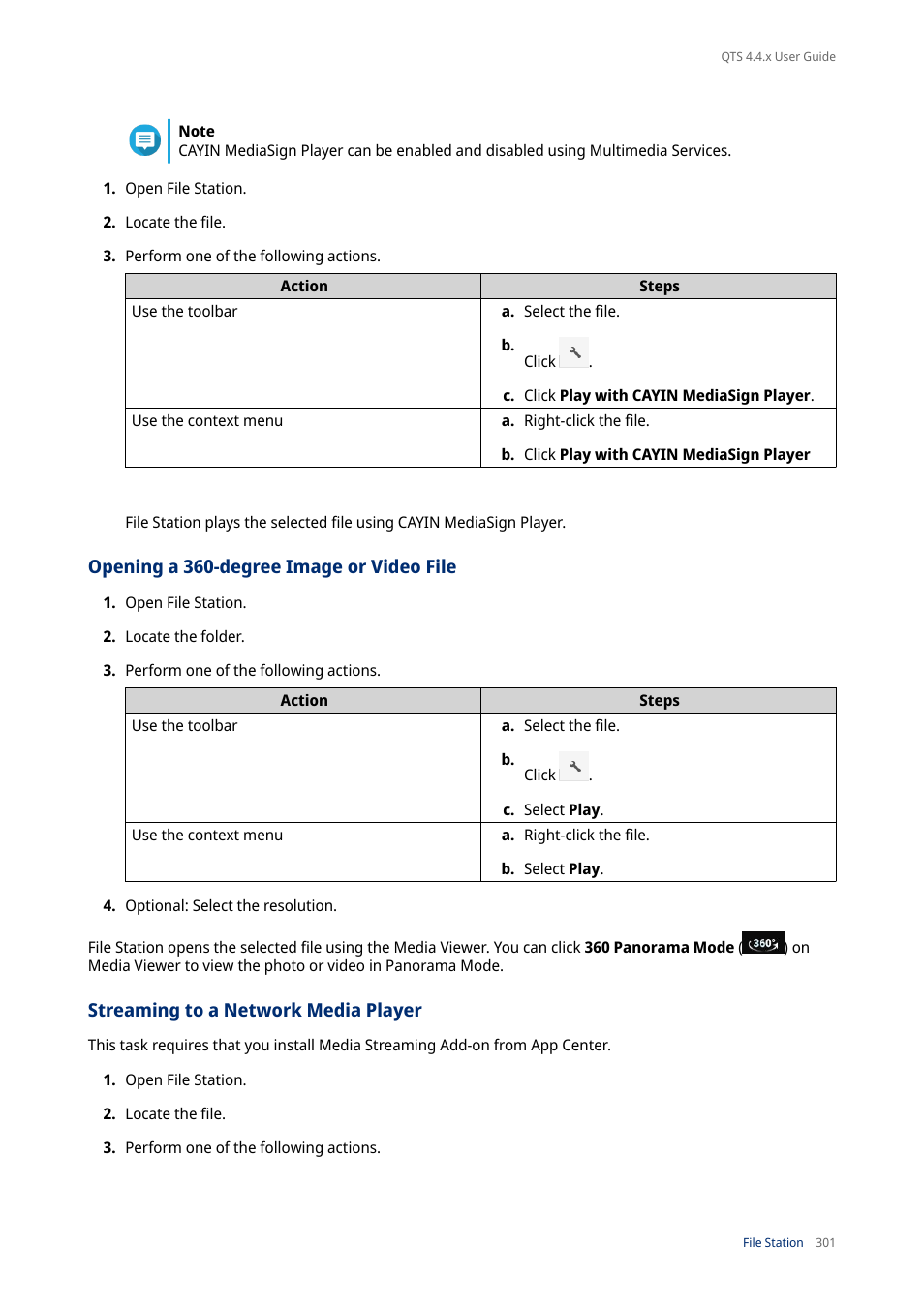 Opening a 360-degree image or video file, Streaming to a network media player | QNAP TVS-472XT 4-Bay NAS Enclosure User Manual | Page 302 / 468