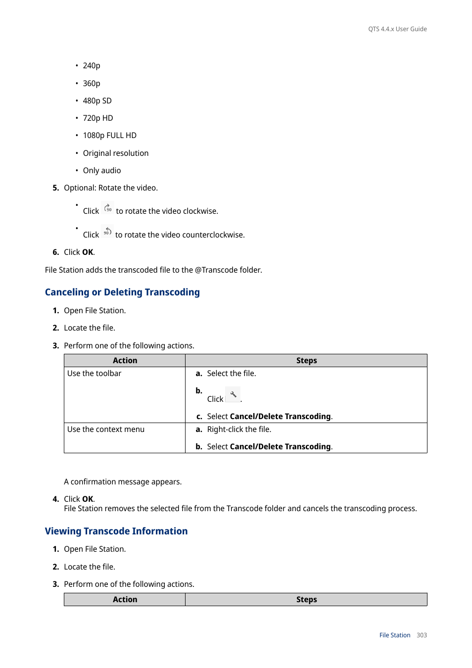 Canceling or deleting transcoding, Viewing transcode information | QNAP TVS-472XT 4-Bay NAS Enclosure User Manual | Page 304 / 468