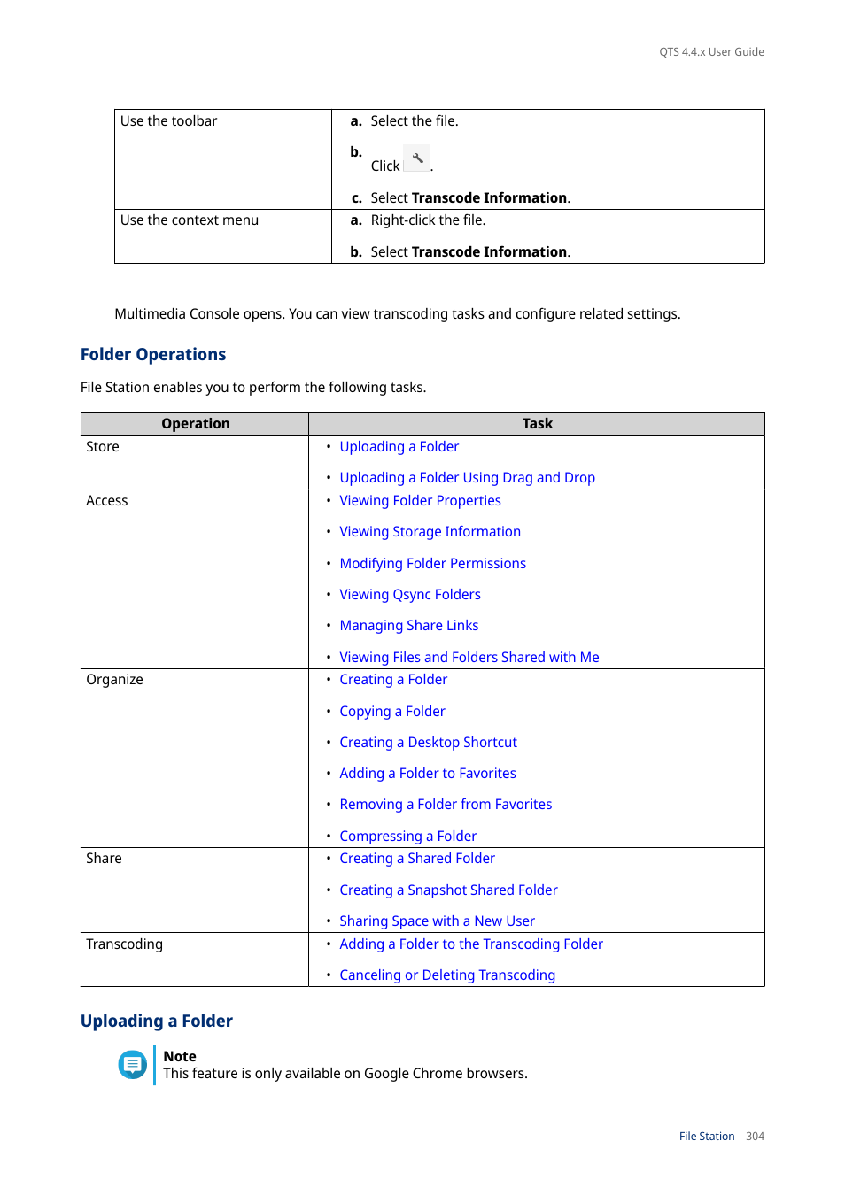 Folder operations, Uploading a folder | QNAP TVS-472XT 4-Bay NAS Enclosure User Manual | Page 305 / 468