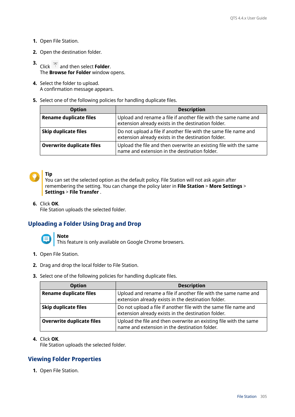 Uploading a folder using drag and drop, Viewing folder properties | QNAP TVS-472XT 4-Bay NAS Enclosure User Manual | Page 306 / 468