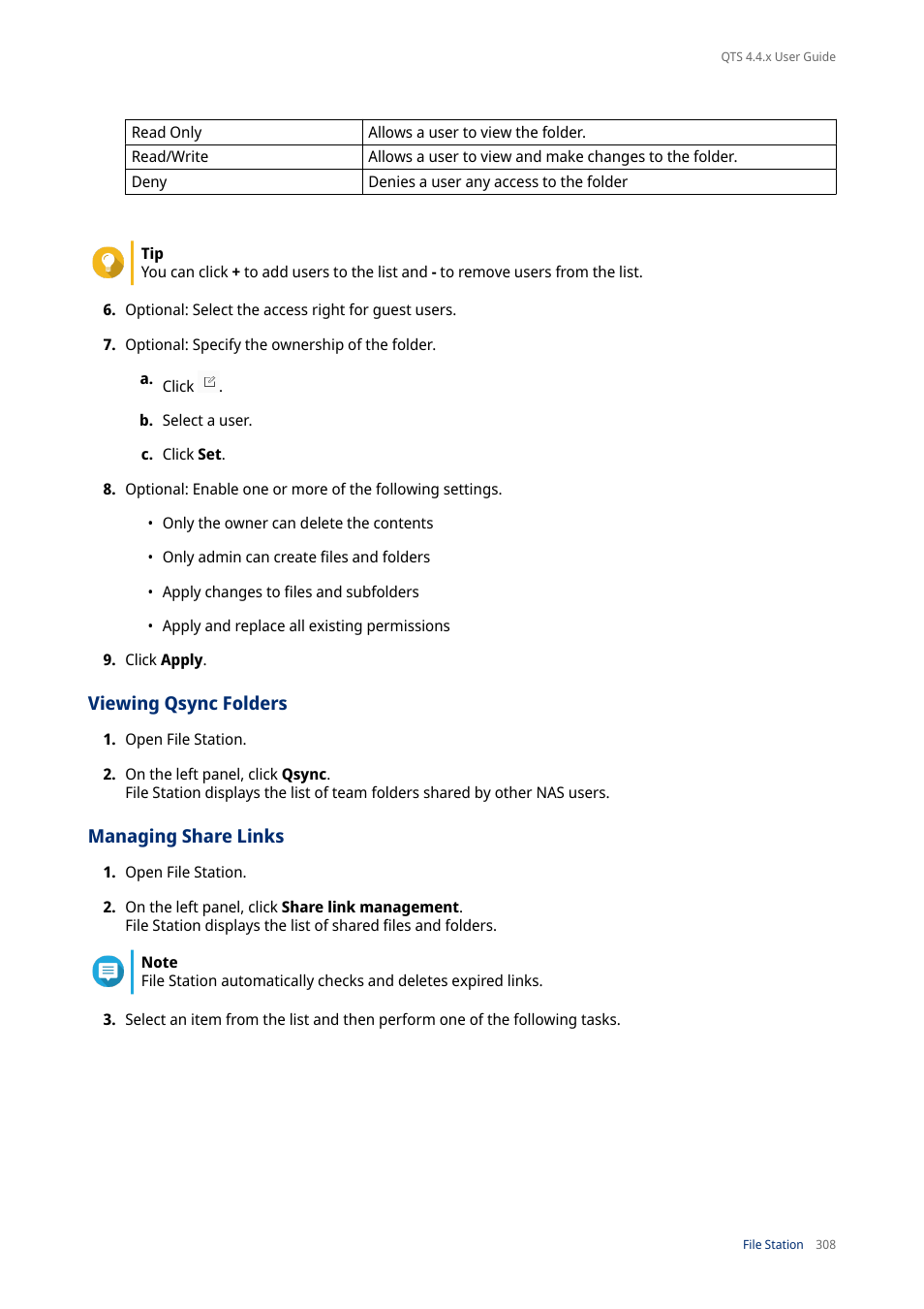 Viewing qsync folders, Managing share links | QNAP TVS-472XT 4-Bay NAS Enclosure User Manual | Page 309 / 468