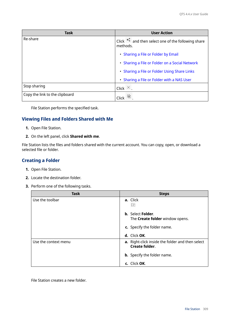 Viewing files and folders shared with me, Creating a folder | QNAP TVS-472XT 4-Bay NAS Enclosure User Manual | Page 310 / 468