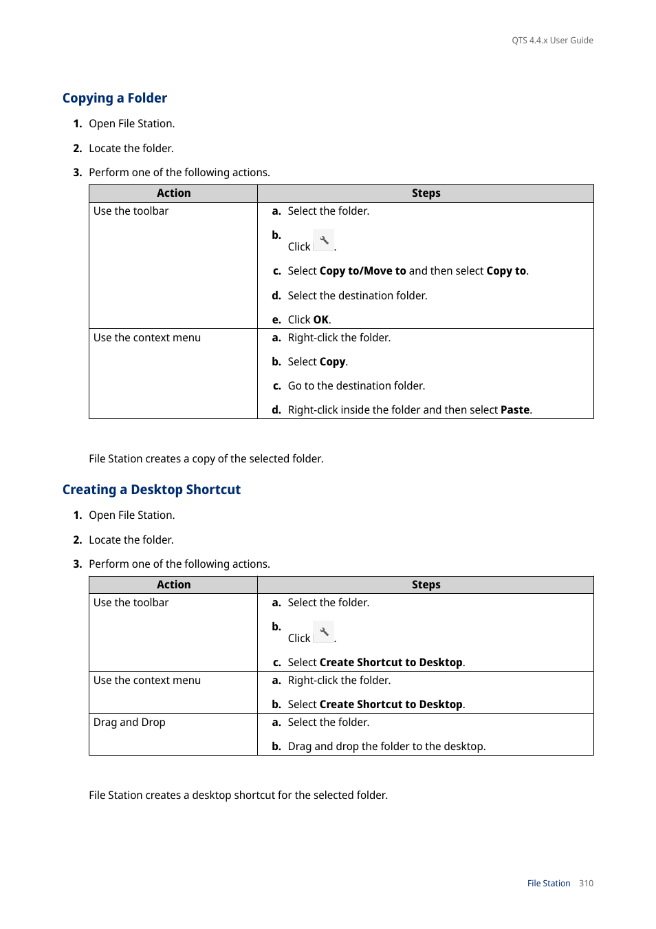 Copying a folder, Creating a desktop shortcut | QNAP TVS-472XT 4-Bay NAS Enclosure User Manual | Page 311 / 468