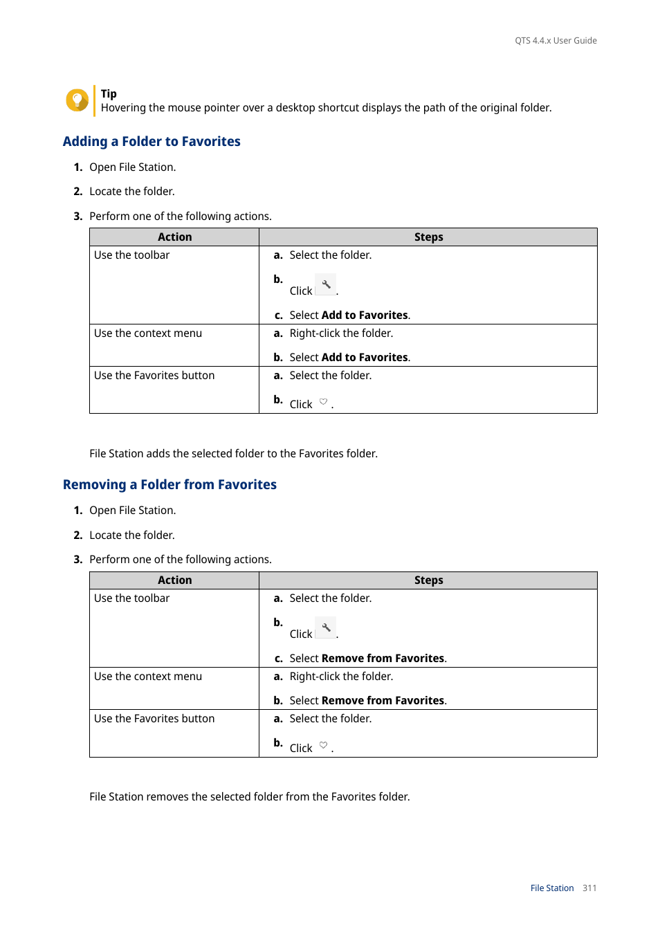 Adding a folder to favorites, Removing a folder from favorites | QNAP TVS-472XT 4-Bay NAS Enclosure User Manual | Page 312 / 468