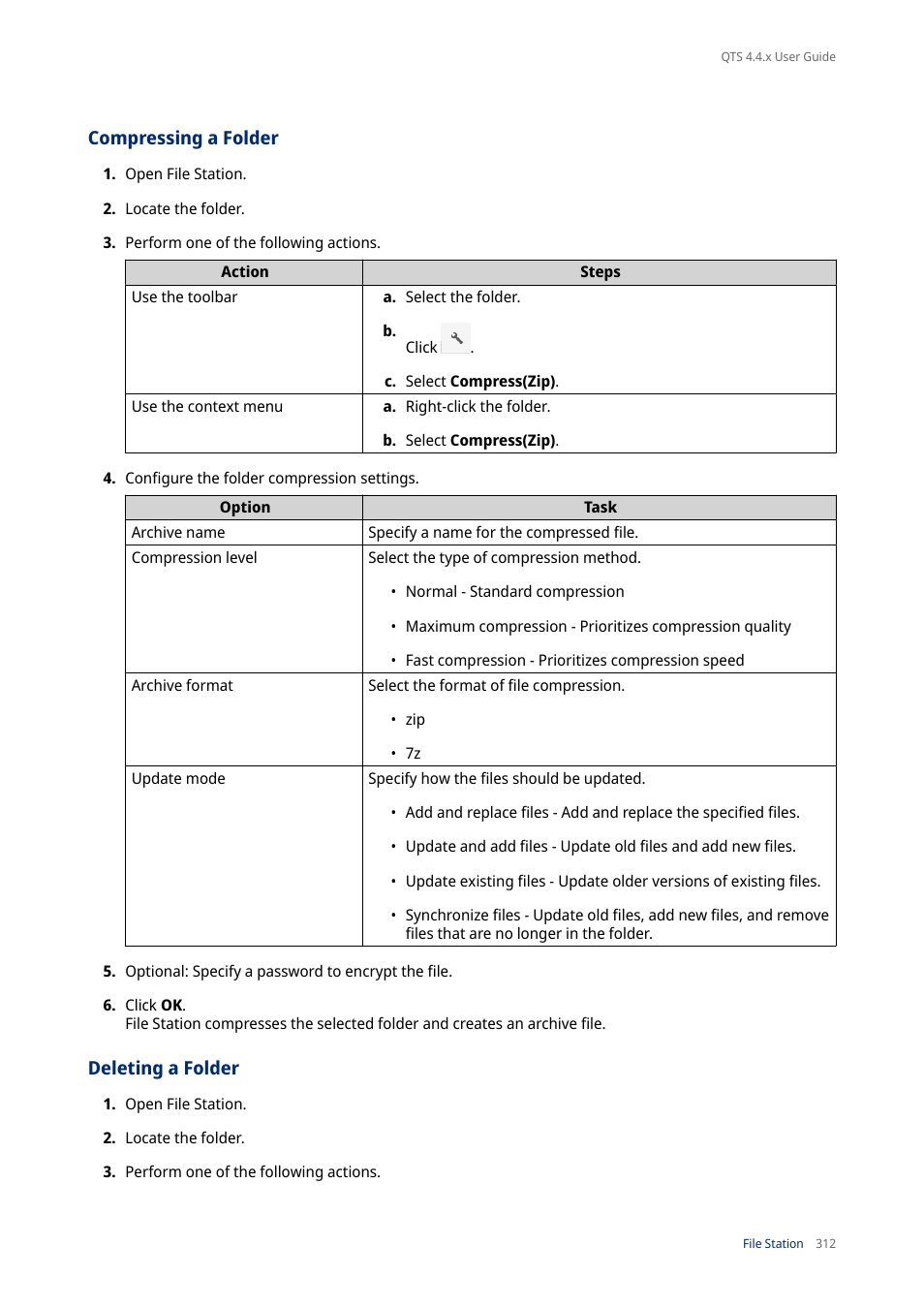 Compressing a folder, Deleting a folder | QNAP TVS-472XT 4-Bay NAS Enclosure User Manual | Page 313 / 468