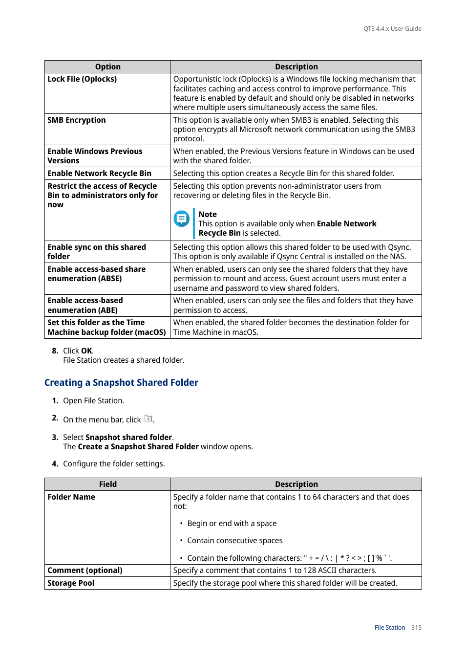 Creating a snapshot shared folder | QNAP TVS-472XT 4-Bay NAS Enclosure User Manual | Page 316 / 468