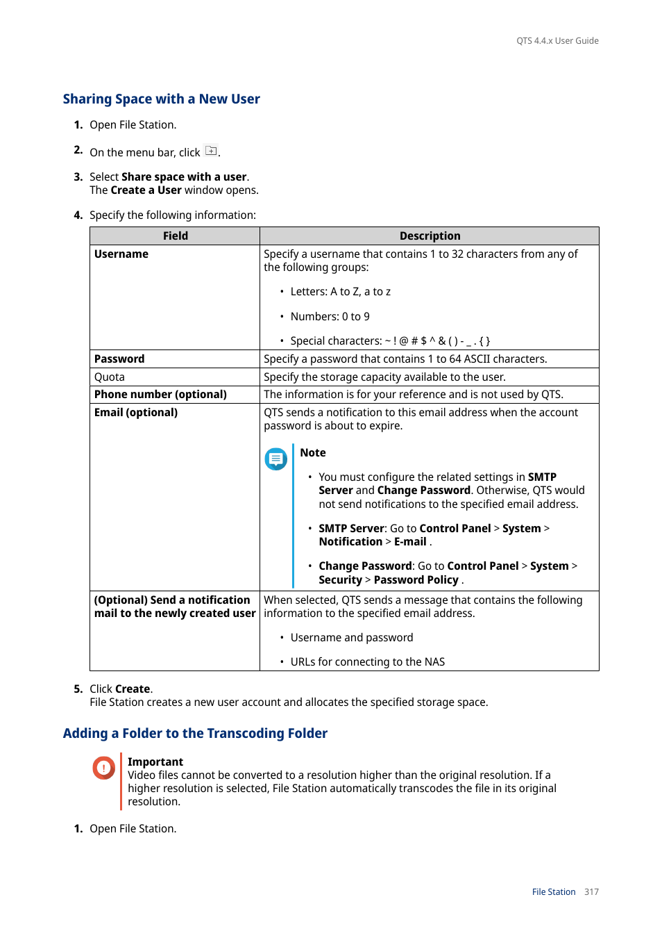 Sharing space with a new user, Adding a folder to the transcoding folder | QNAP TVS-472XT 4-Bay NAS Enclosure User Manual | Page 318 / 468