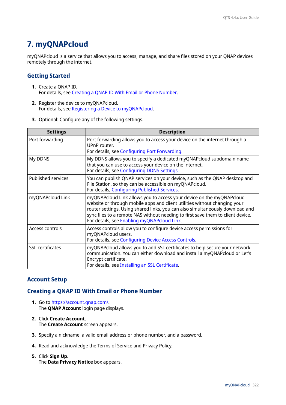 Myqnapcloud, Getting started, Account setup | Creating a qnap id with email or phone number | QNAP TVS-472XT 4-Bay NAS Enclosure User Manual | Page 323 / 468