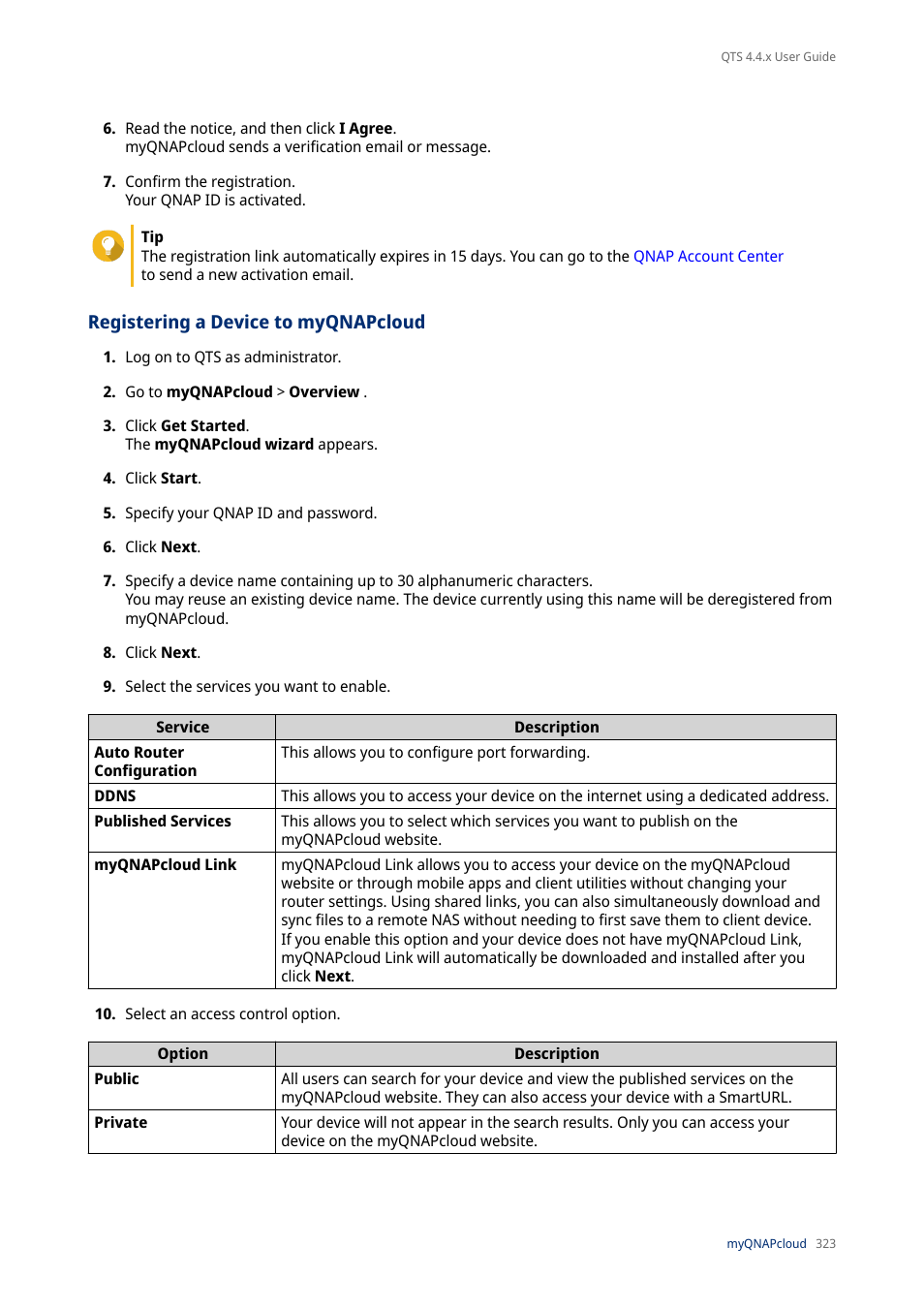 Registering a device to myqnapcloud | QNAP TVS-472XT 4-Bay NAS Enclosure User Manual | Page 324 / 468