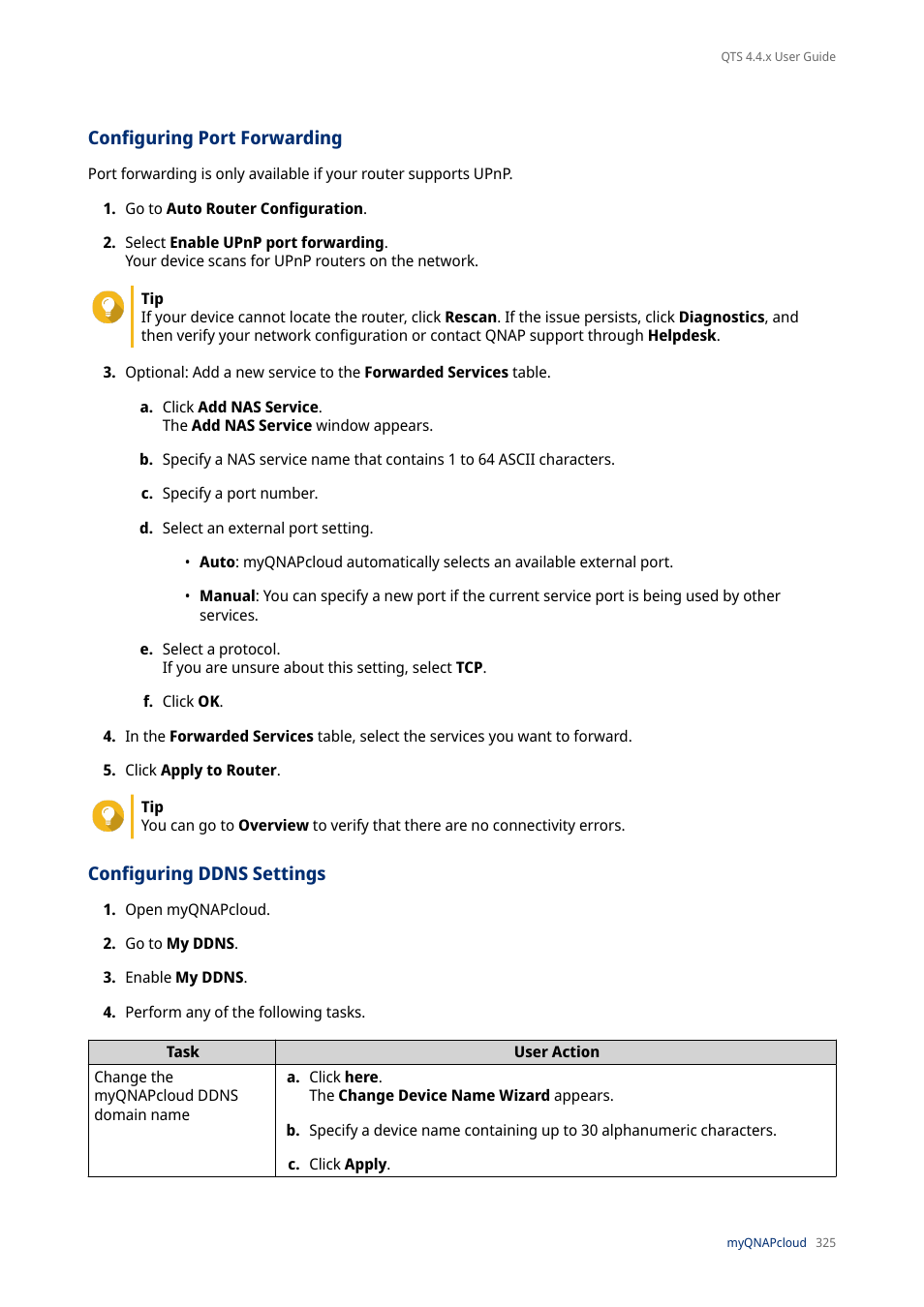 Configuring port forwarding, Configuring ddns settings | QNAP TVS-472XT 4-Bay NAS Enclosure User Manual | Page 326 / 468