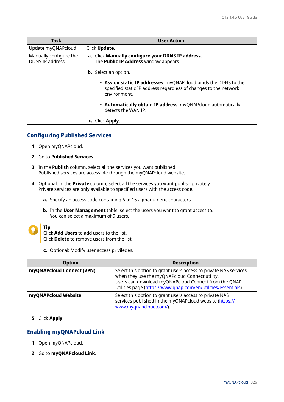 Configuring published services, Enabling myqnapcloud link | QNAP TVS-472XT 4-Bay NAS Enclosure User Manual | Page 327 / 468