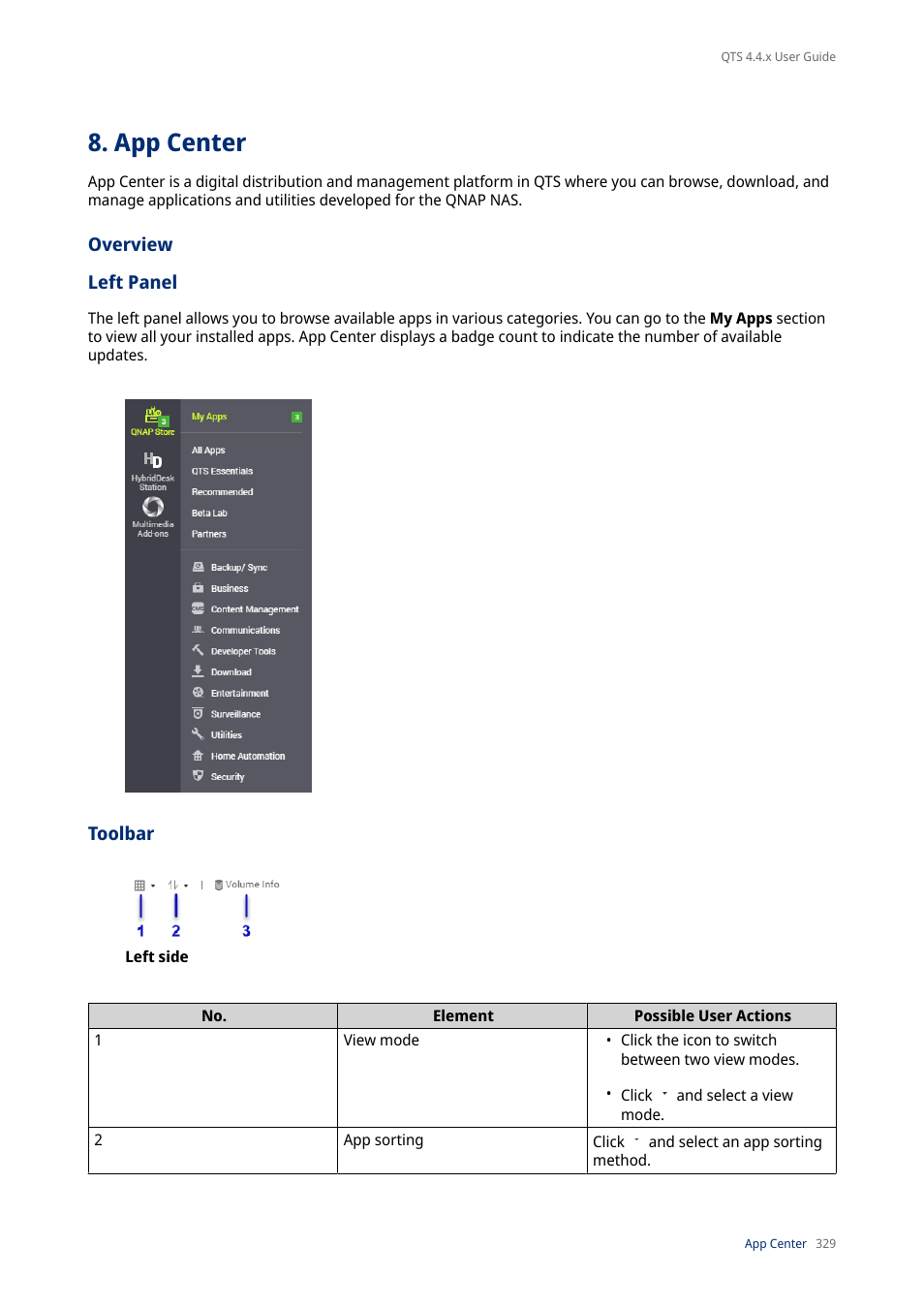App center, Overview, Left panel | Toolbar | QNAP TVS-472XT 4-Bay NAS Enclosure User Manual | Page 330 / 468
