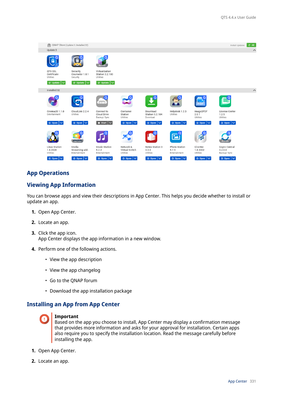App operations, Viewing app information, Installing an app from app center | Operations | QNAP TVS-472XT 4-Bay NAS Enclosure User Manual | Page 332 / 468