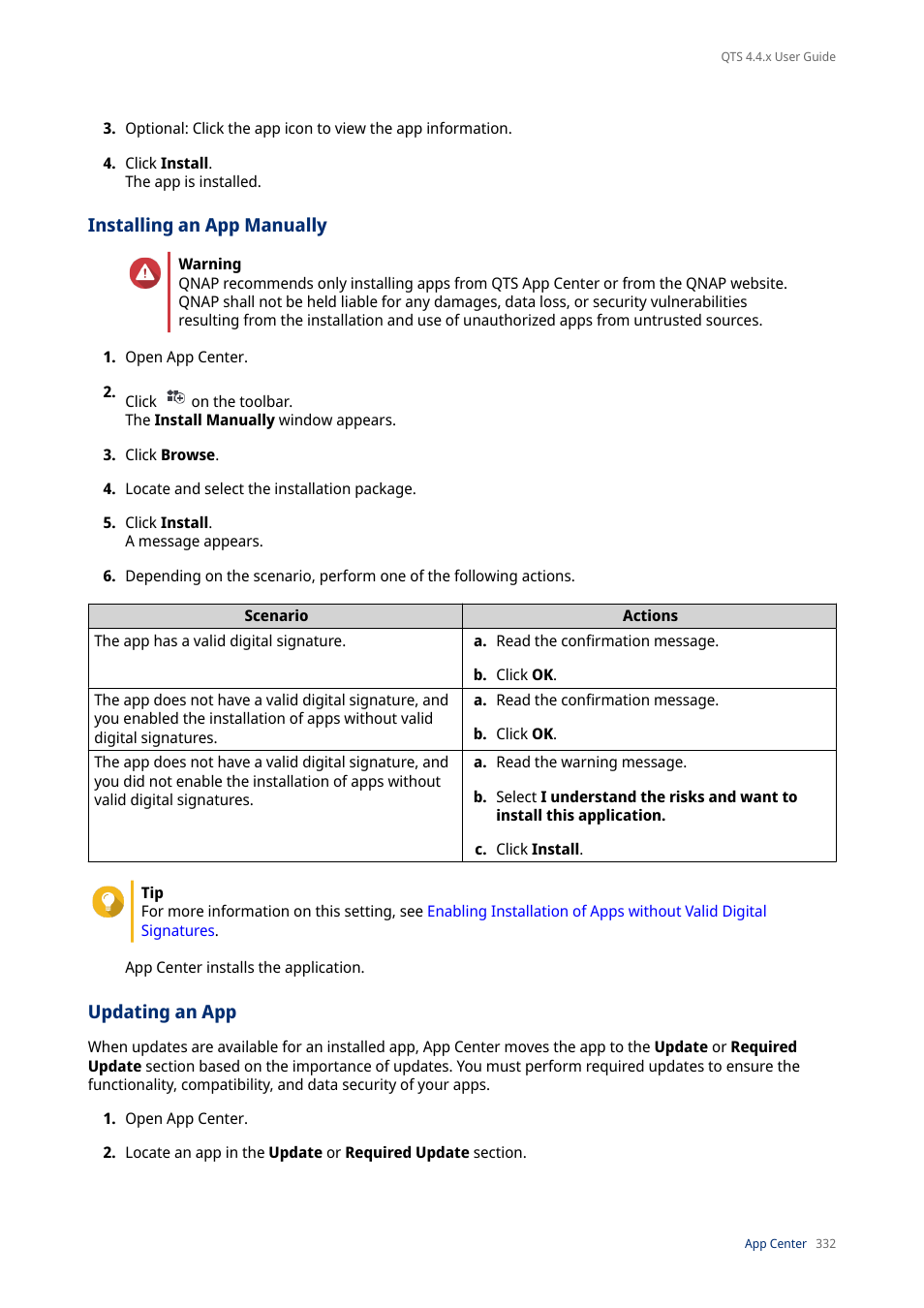 Installing an app manually, Updating an app, Installing an app | Manually | QNAP TVS-472XT 4-Bay NAS Enclosure User Manual | Page 333 / 468