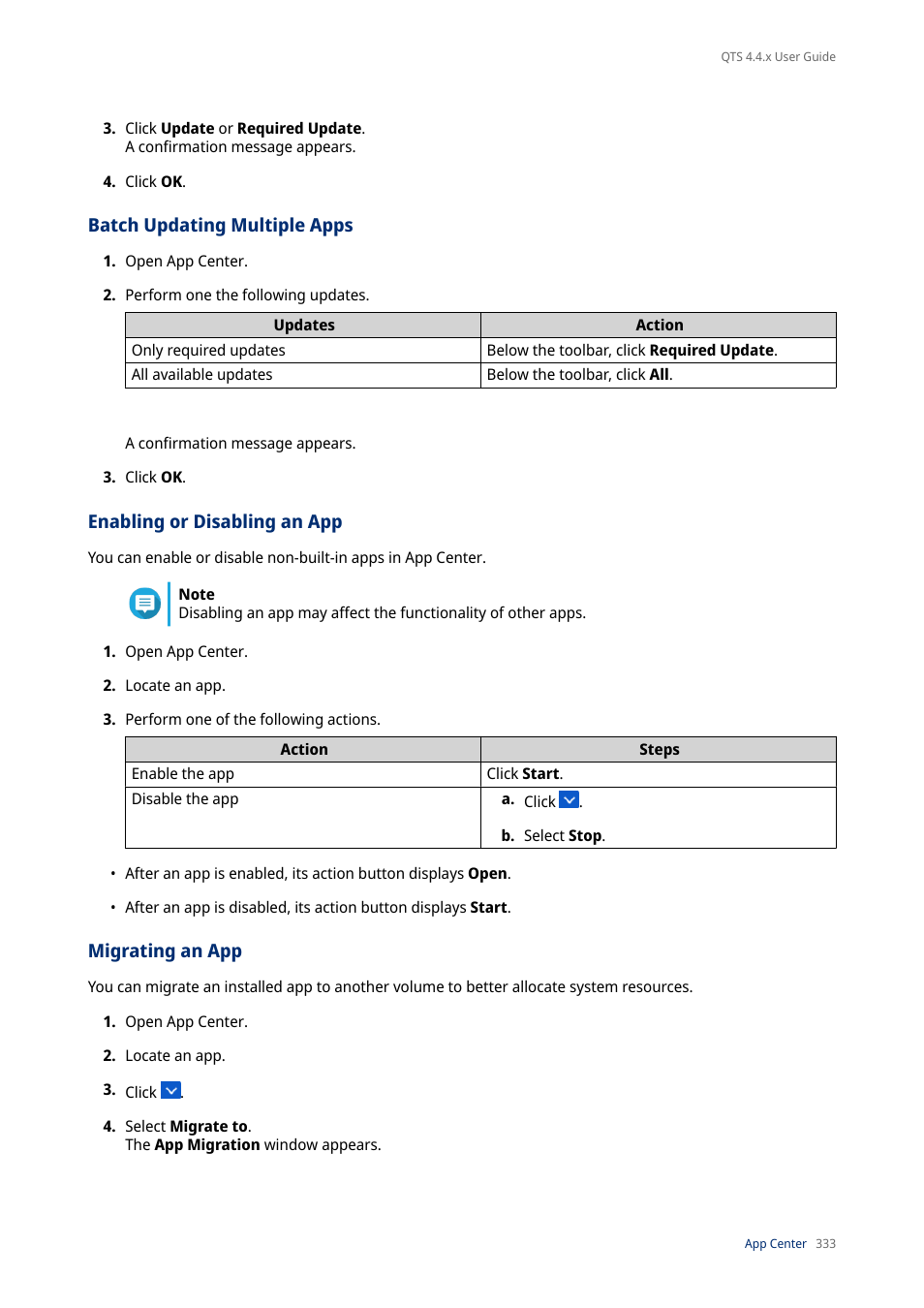 Batch updating multiple apps, Enabling or disabling an app, Migrating an app | QNAP TVS-472XT 4-Bay NAS Enclosure User Manual | Page 334 / 468
