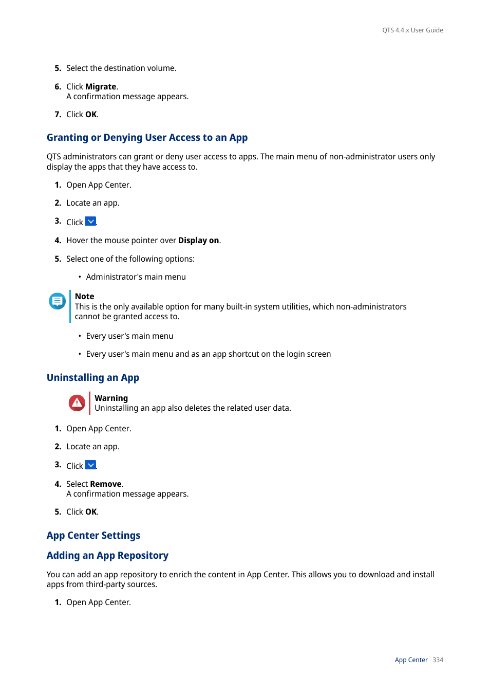Granting or denying user access to an app, Uninstalling an app, App center settings | Adding an app repository, App center, Settings | QNAP TVS-472XT 4-Bay NAS Enclosure User Manual | Page 335 / 468