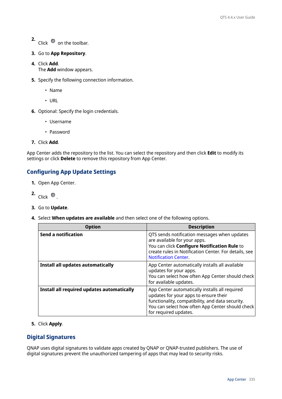 Configuring app update settings, Digital signatures | QNAP TVS-472XT 4-Bay NAS Enclosure User Manual | Page 336 / 468