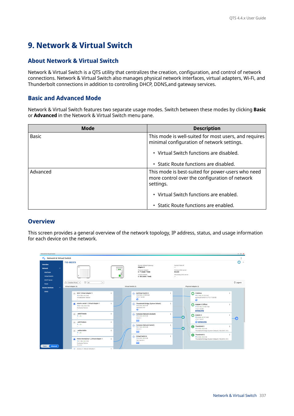 Network & virtual switch, About network & virtual switch, Basic and advanced mode | Overview | QNAP TVS-472XT 4-Bay NAS Enclosure User Manual | Page 338 / 468